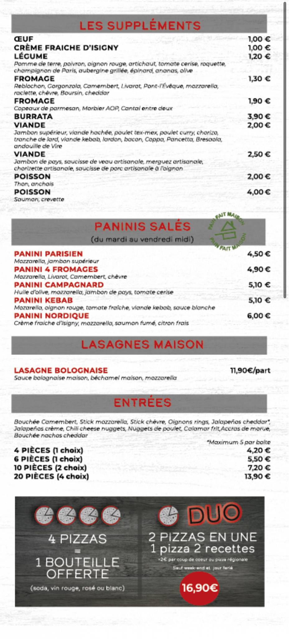 Menu de La Cabane À Pizza