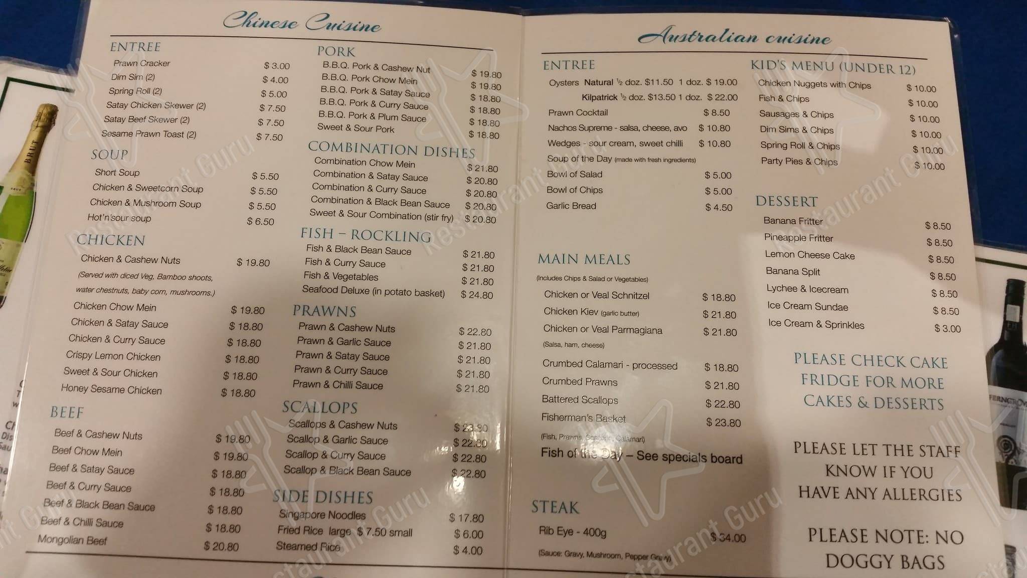 Menu at Lakes Entrance RSL restaurant, Lakes Entrance