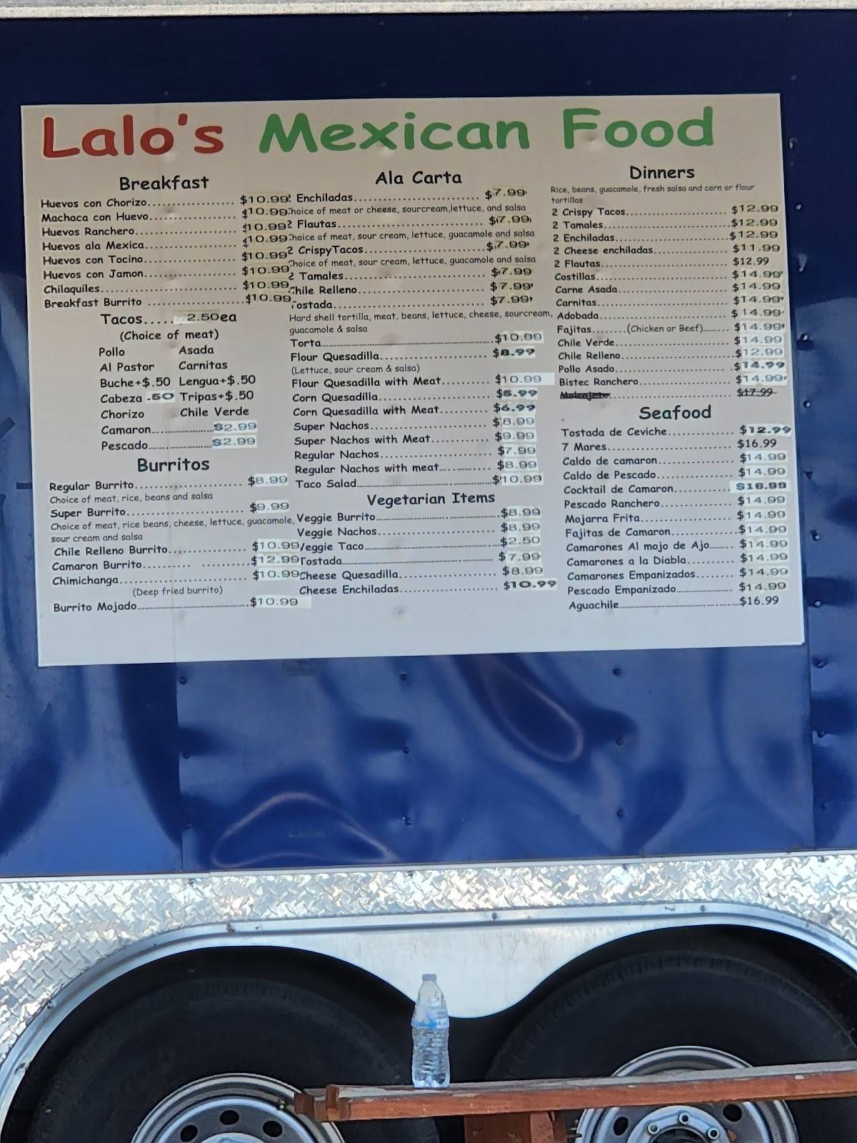 Menu at Lalo's Taco's restaurant, Calpella