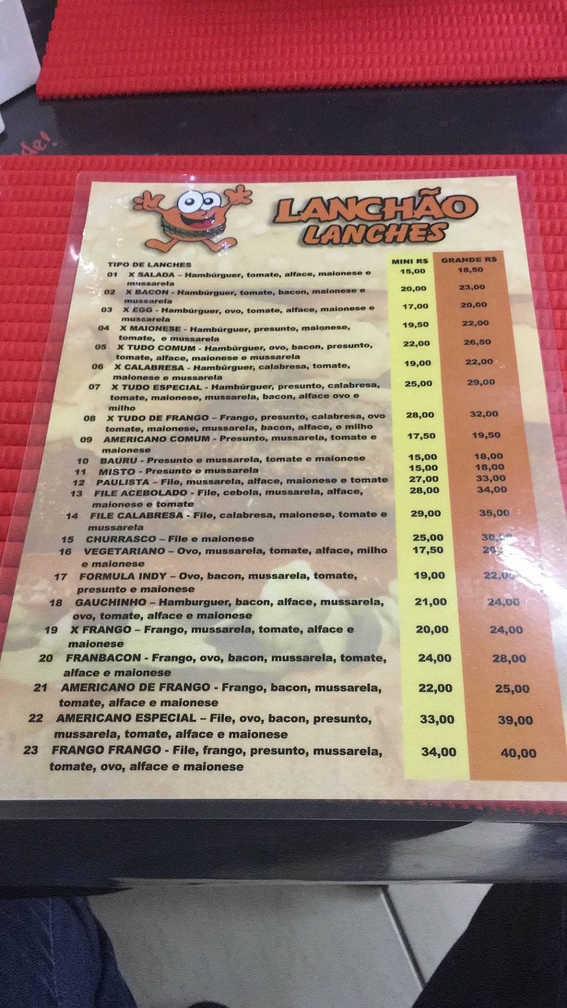 Lanchão Lanches cardápio