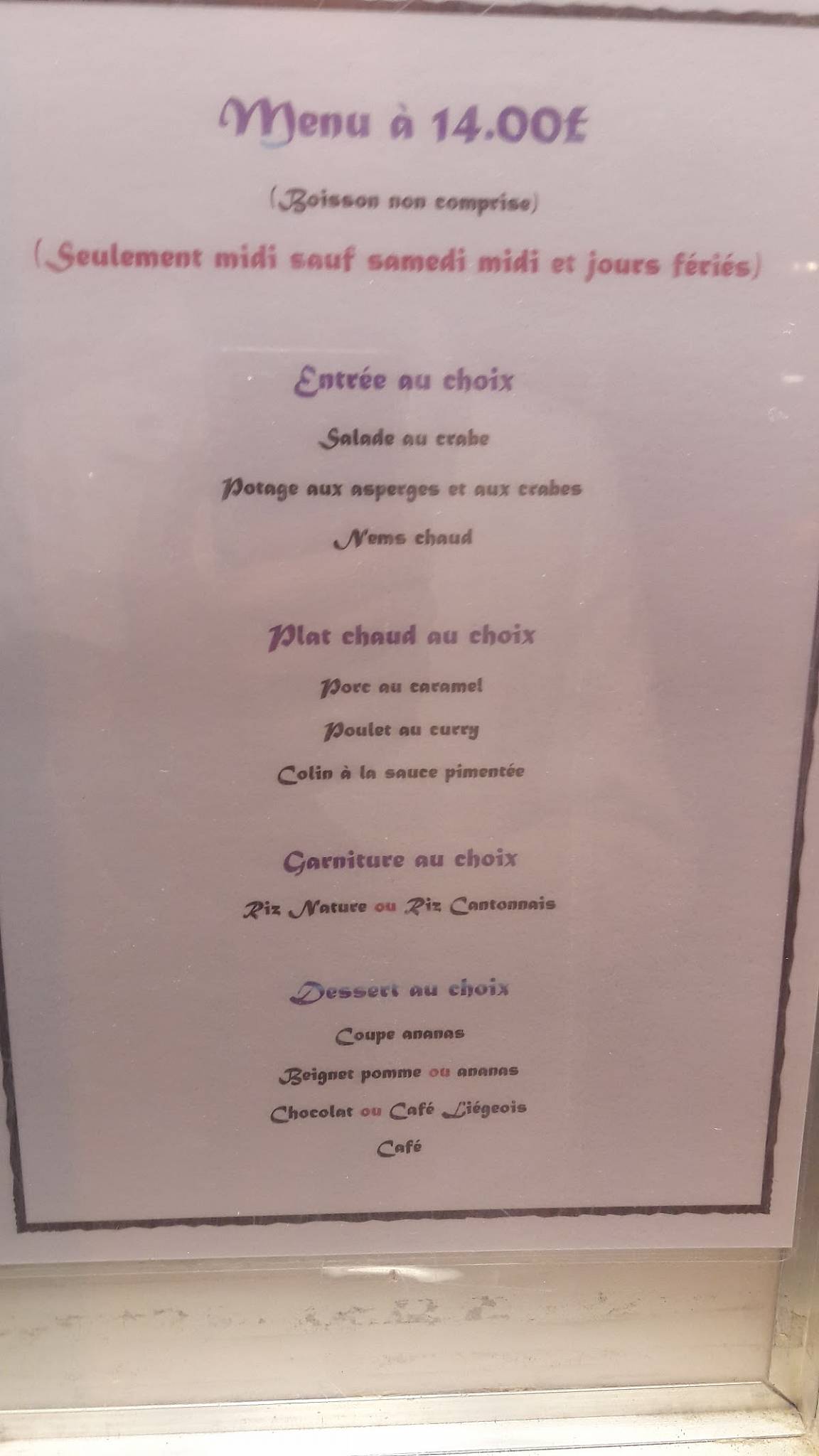 Menu de Le Banme