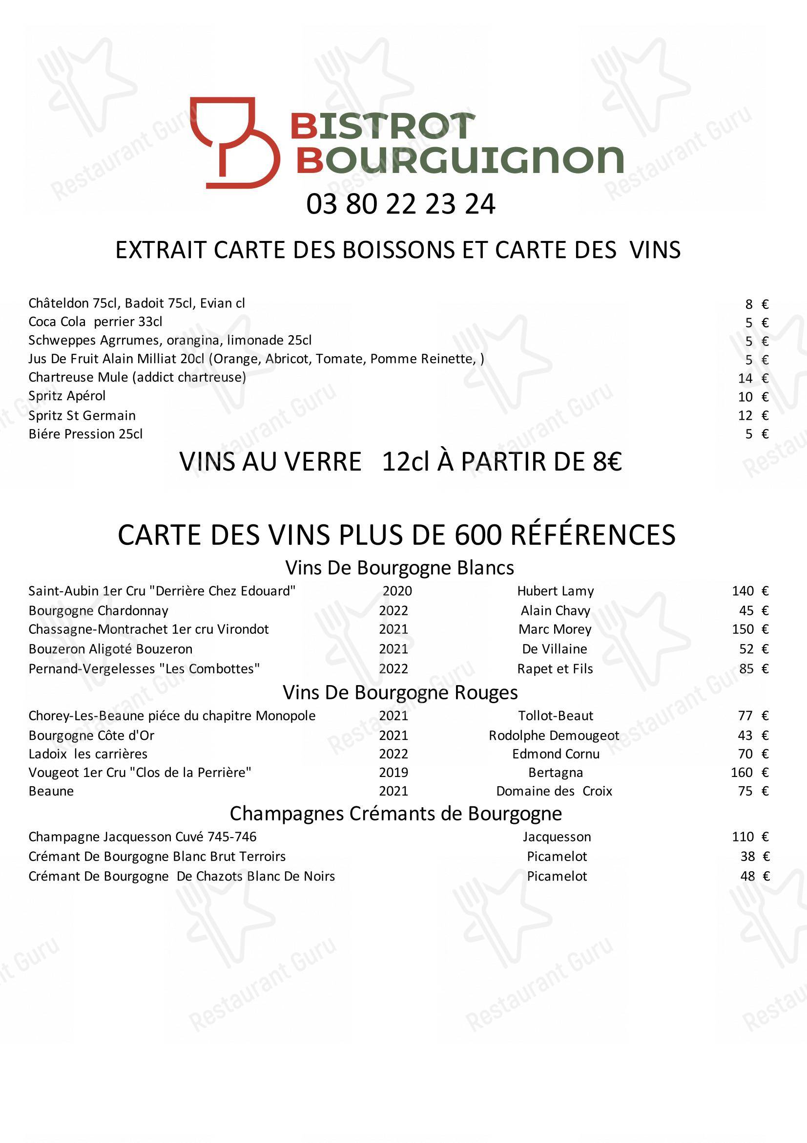 Menu bar pour Le Bistrot Bourguignon restaurant