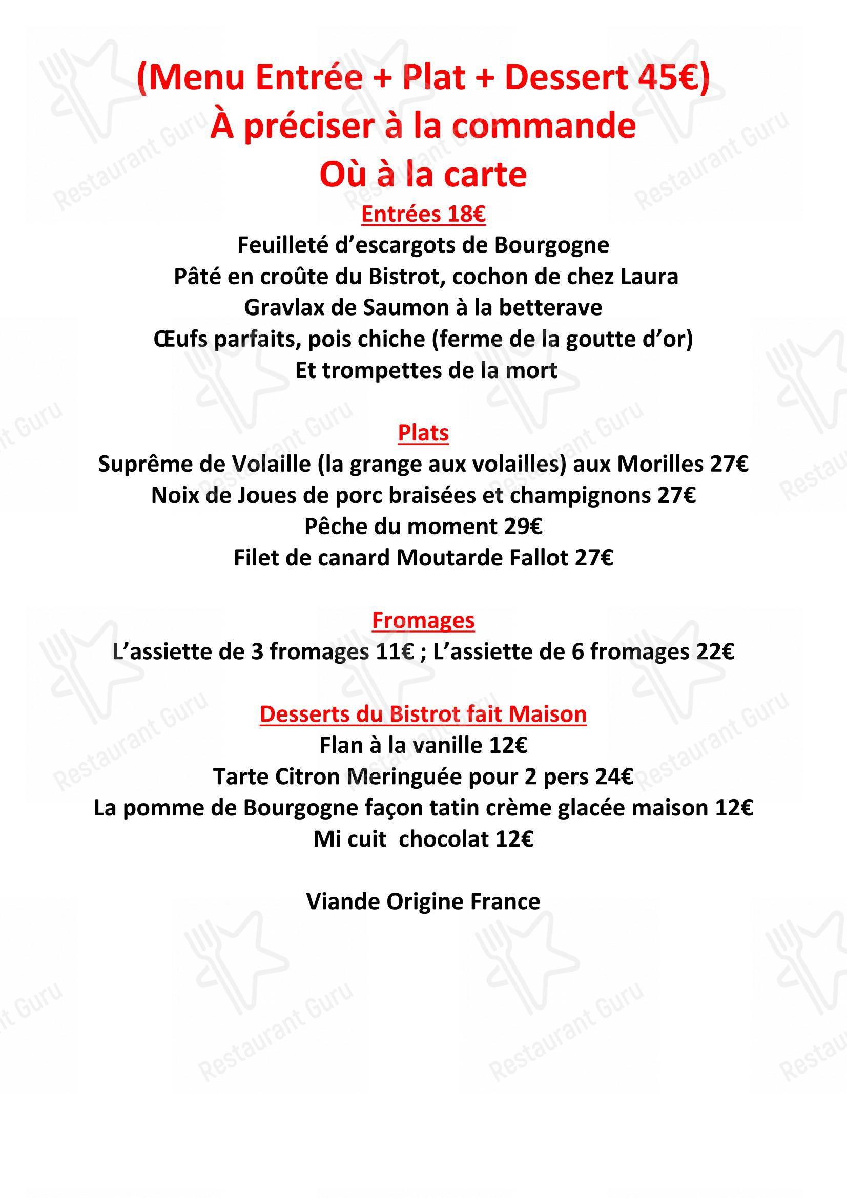 Menu pour Le Bistrot Bourguignon restaurant