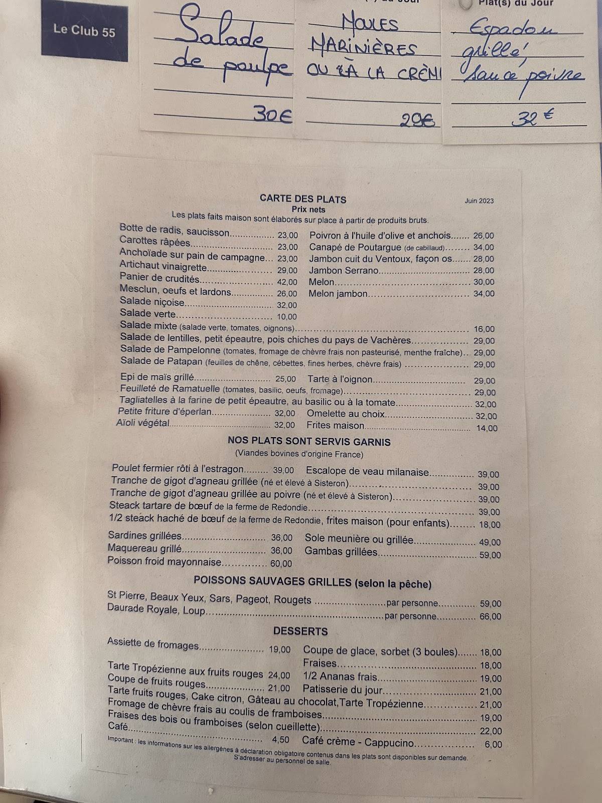 Menu at Le Club 55, Ramatuelle