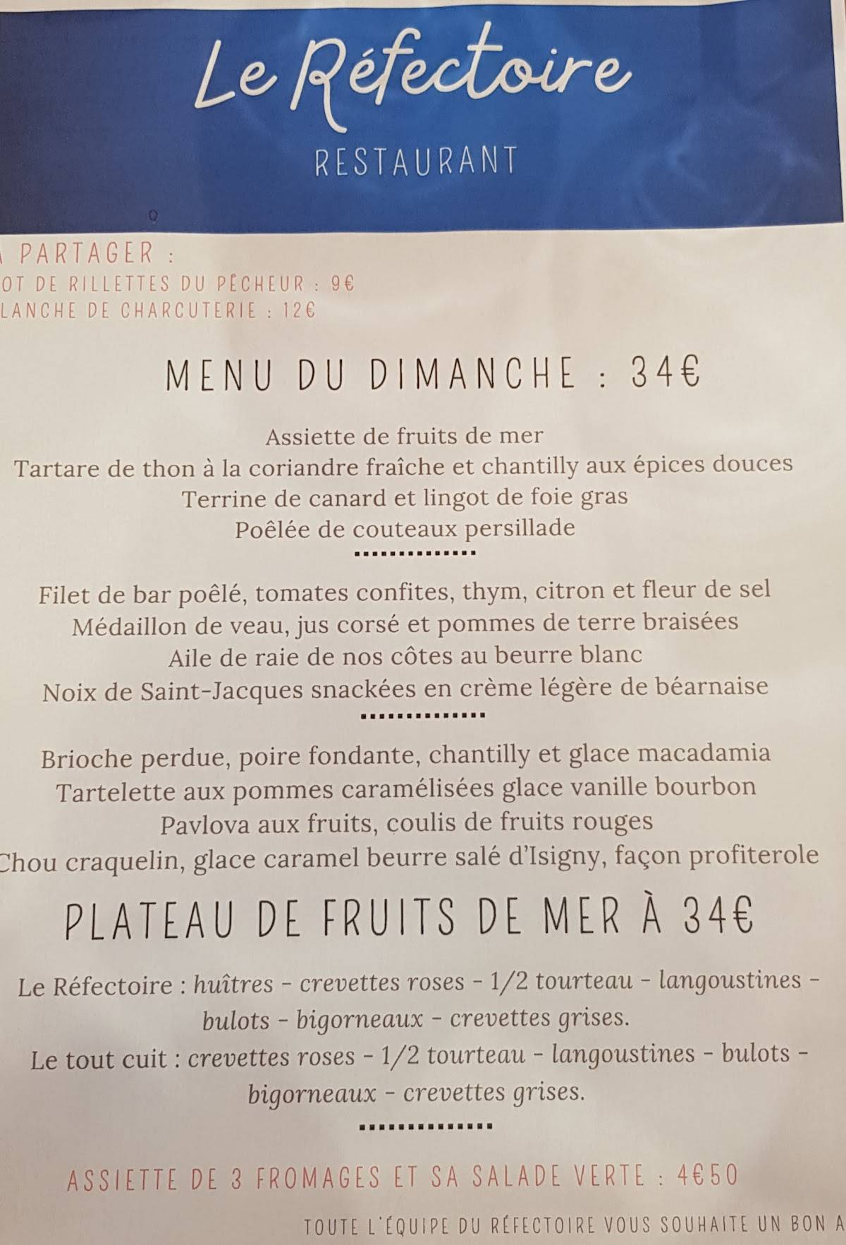 Menu de Le Réfectoire