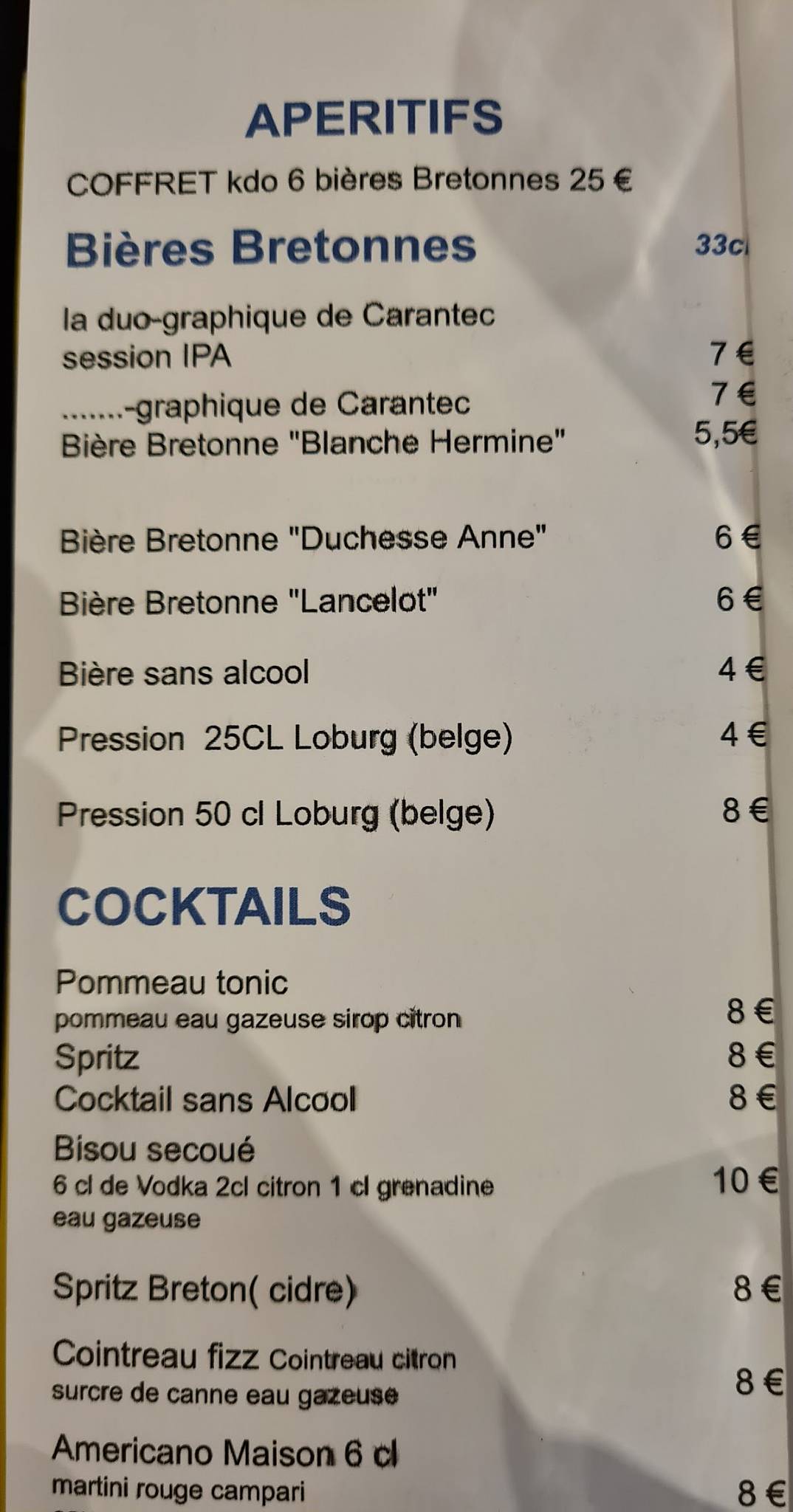 Menu de Brasserie Restaurant le Surcouf