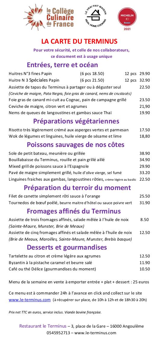 Menu de Le Terminus