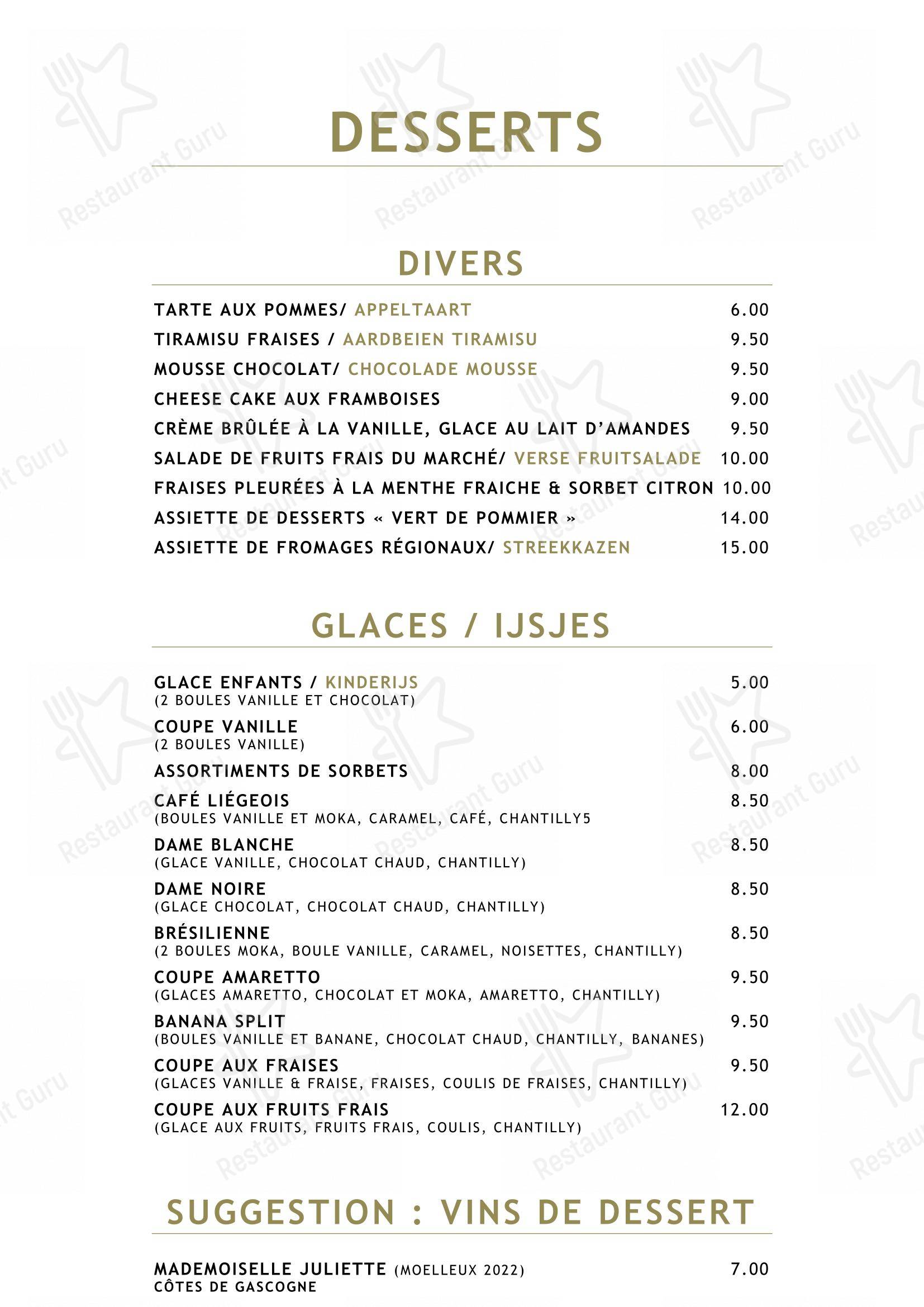 Menu pour Le Vert de Pommier restaurant