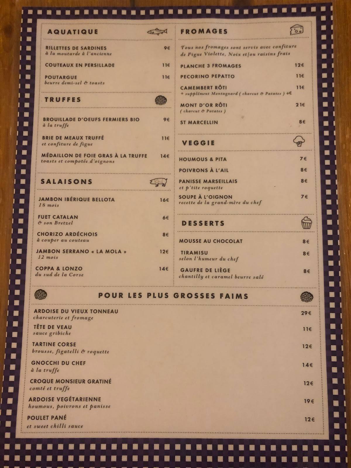 Menu de Le Vieux tonneau