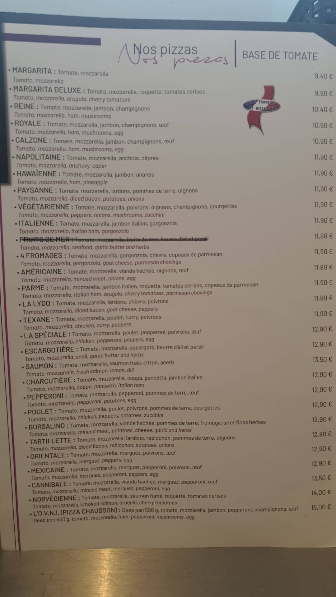Menu de Le Lydo