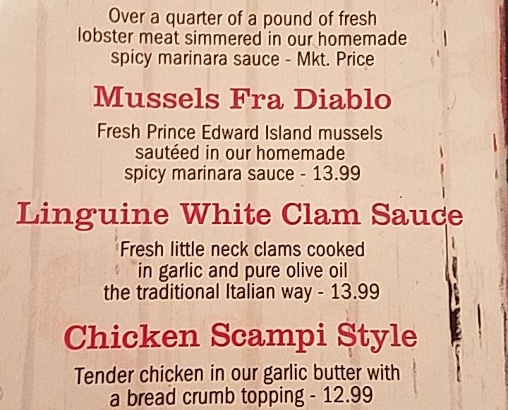 Menu at Lobster Trap restaurant, Conway, West Side Rd