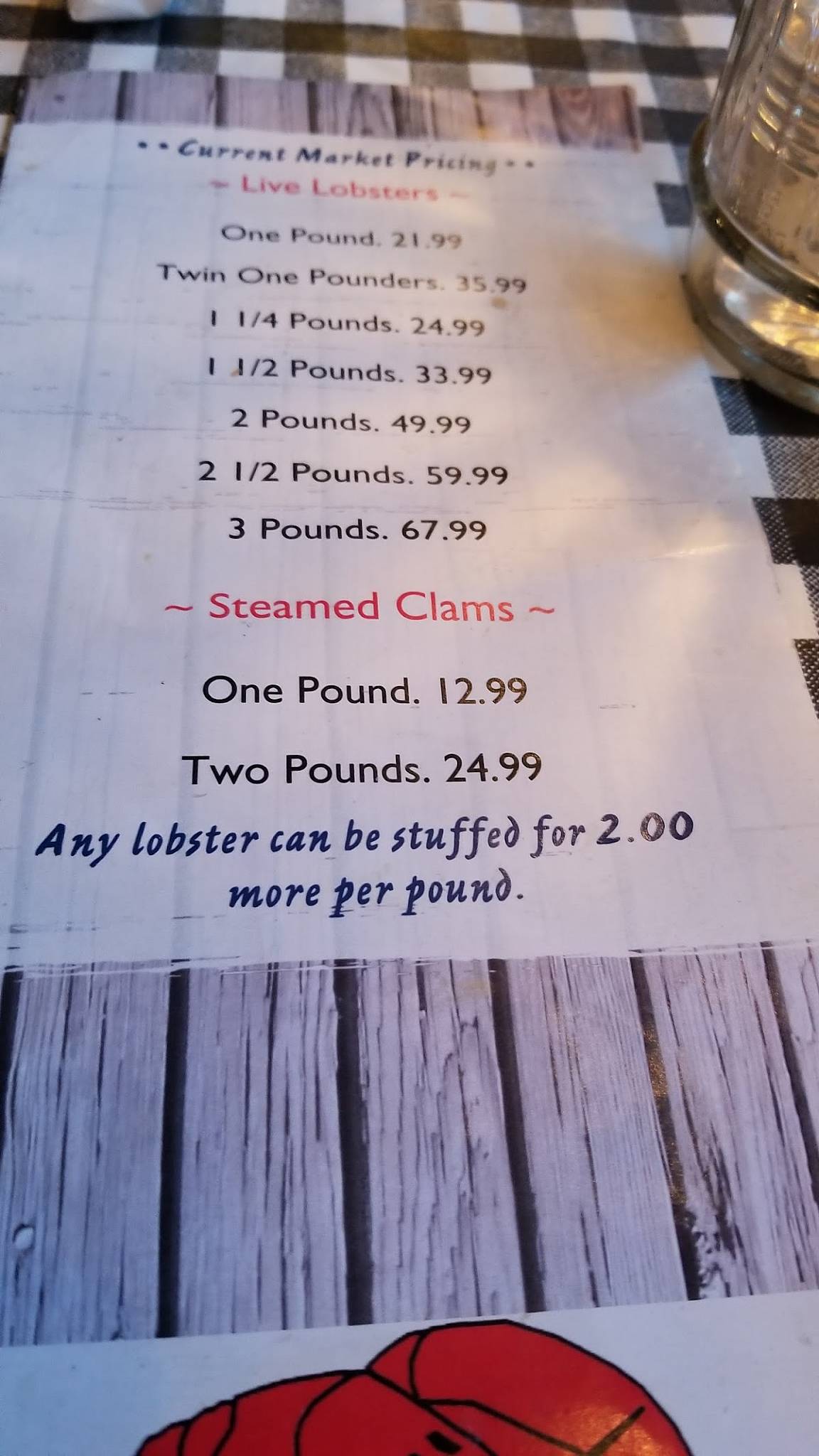 Menu at Lobster Trap restaurant, Conway, West Side Rd