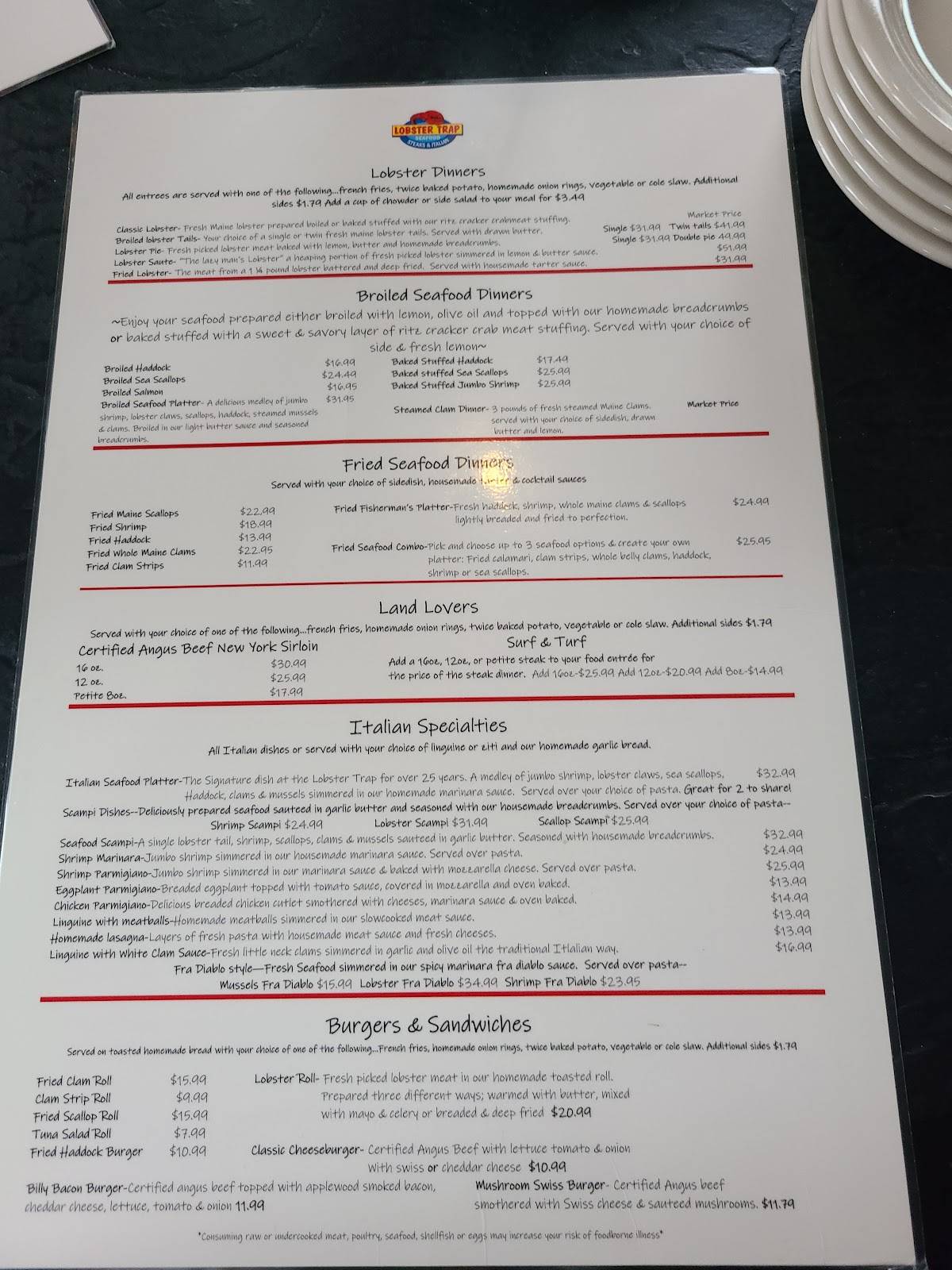 Menu at Lobster Trap restaurant, Conway, West Side Rd