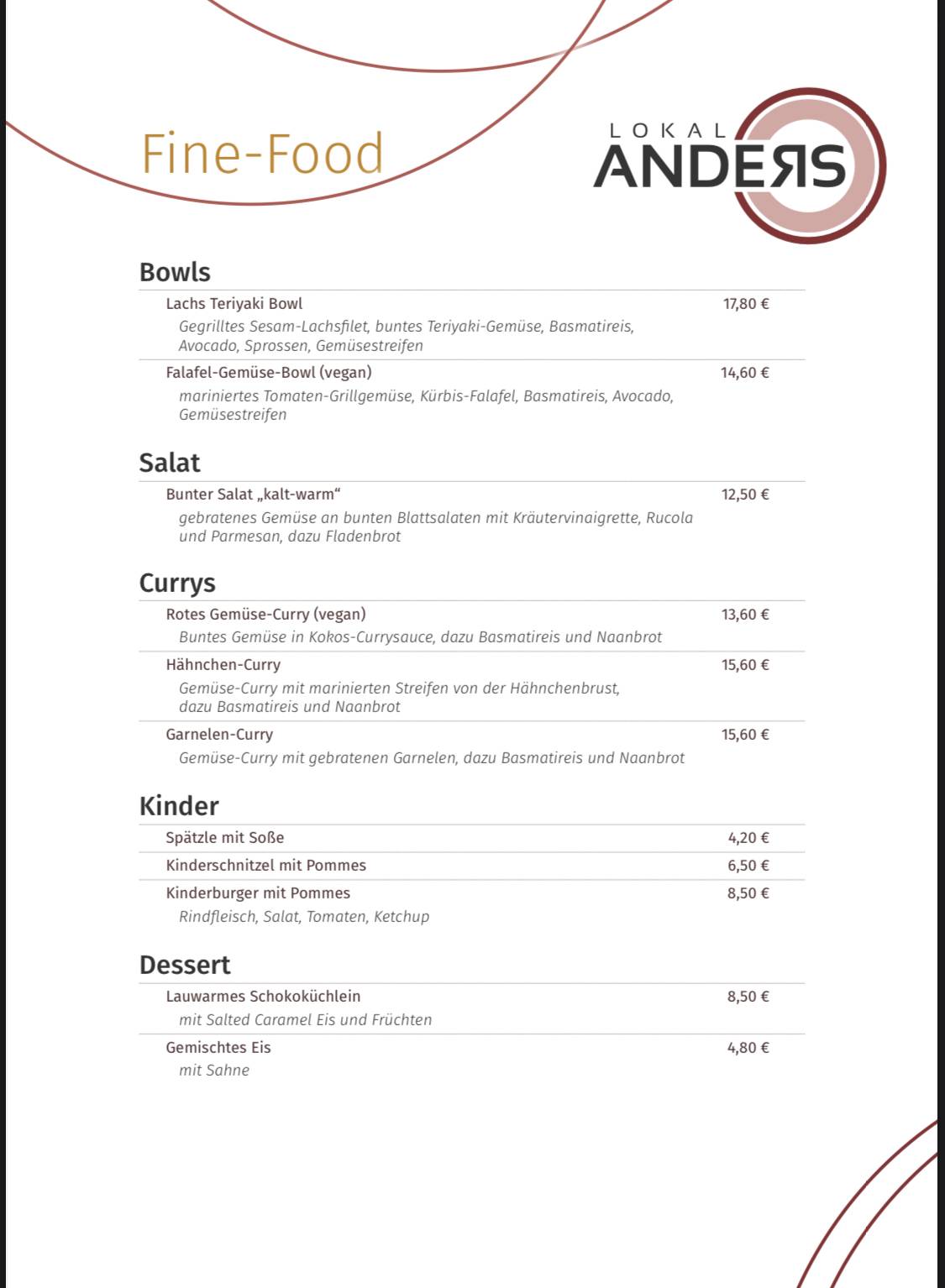 Speisekarte von Lokal Anders restaurant, Neustadt an der Aisch