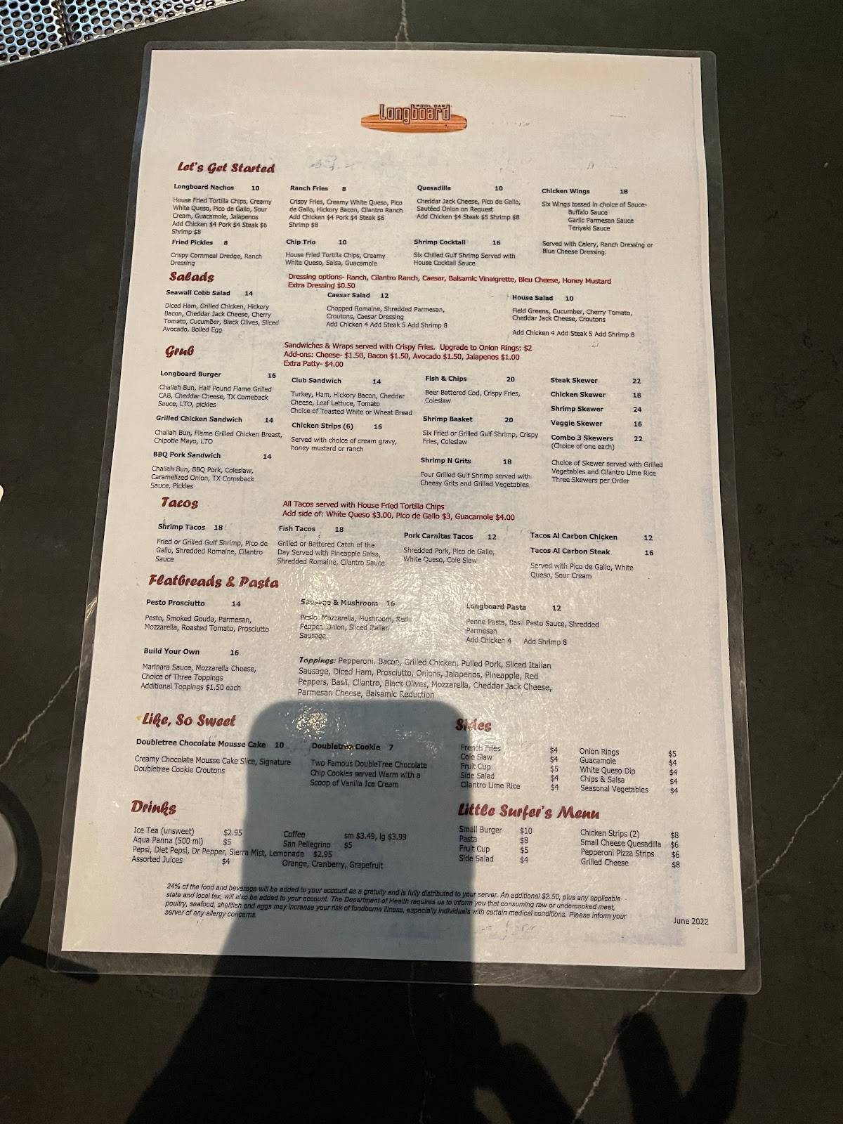 Menu at Longboard Pool Bar, Galveston