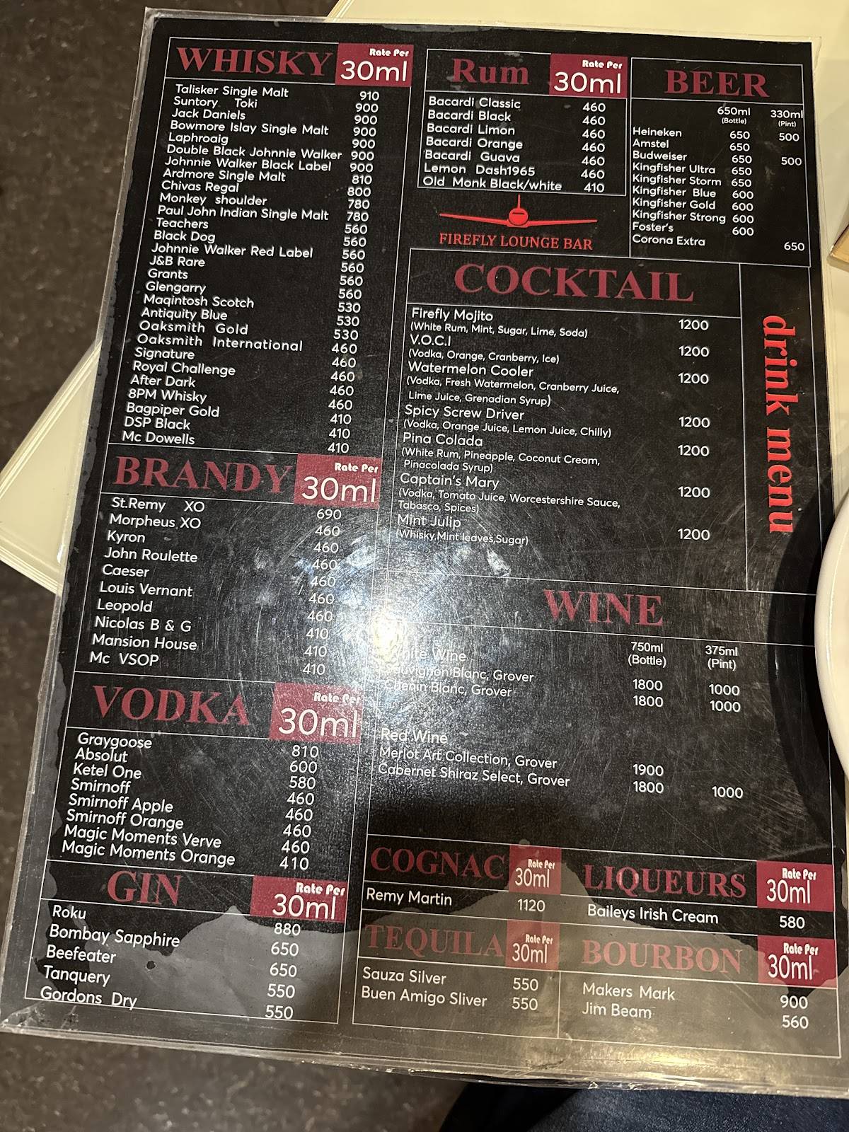 Lounge Bar - Firefly menu