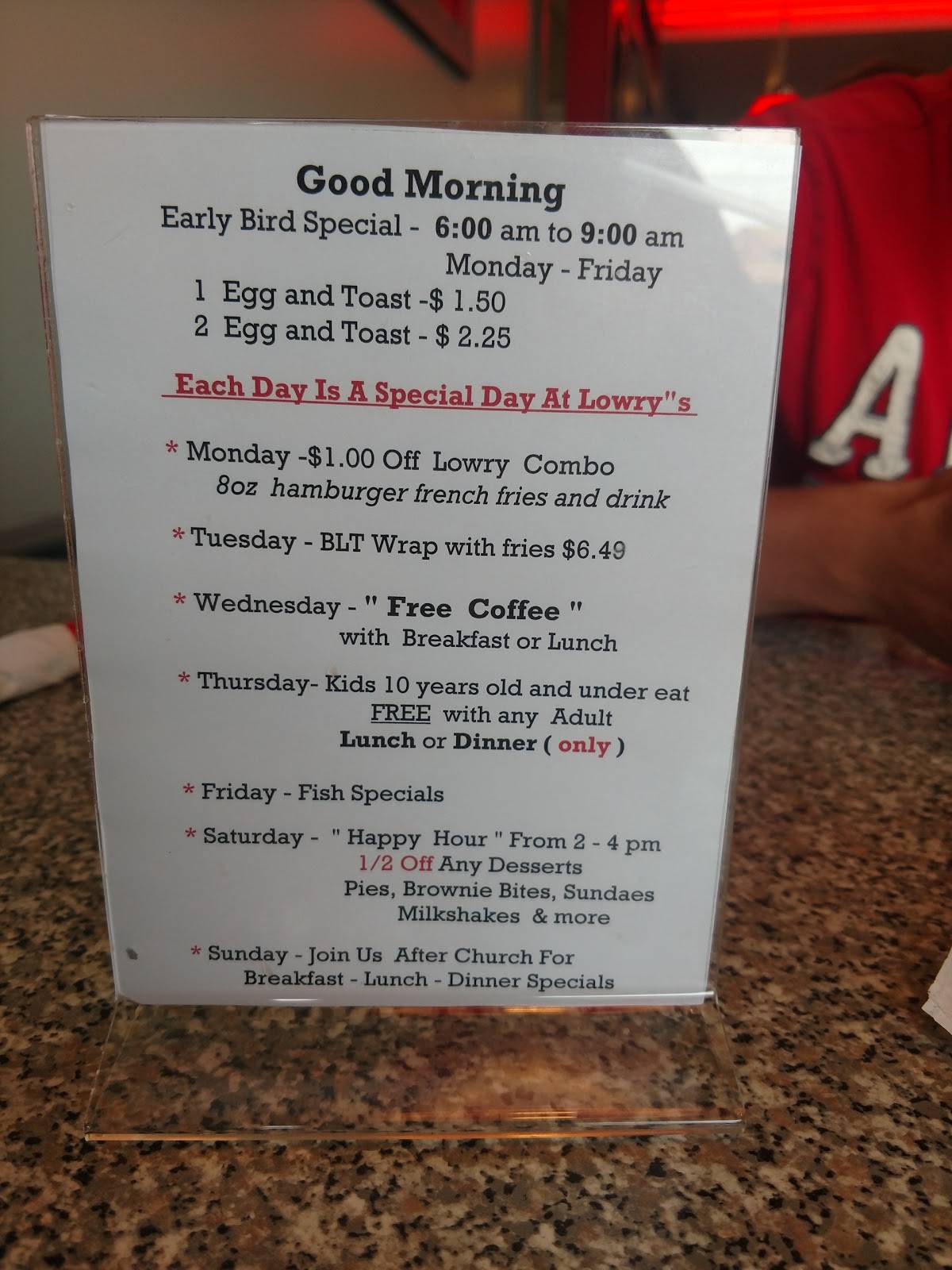 Menu at Lowry's Family Restaurant, East Canton