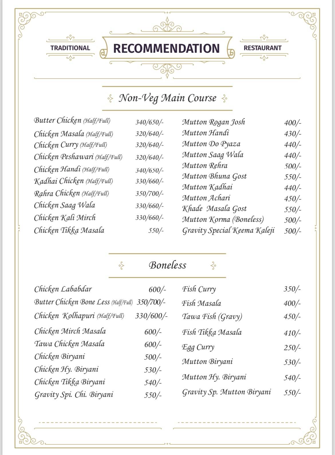 The Gravity- Fine Dine Restaurant menu