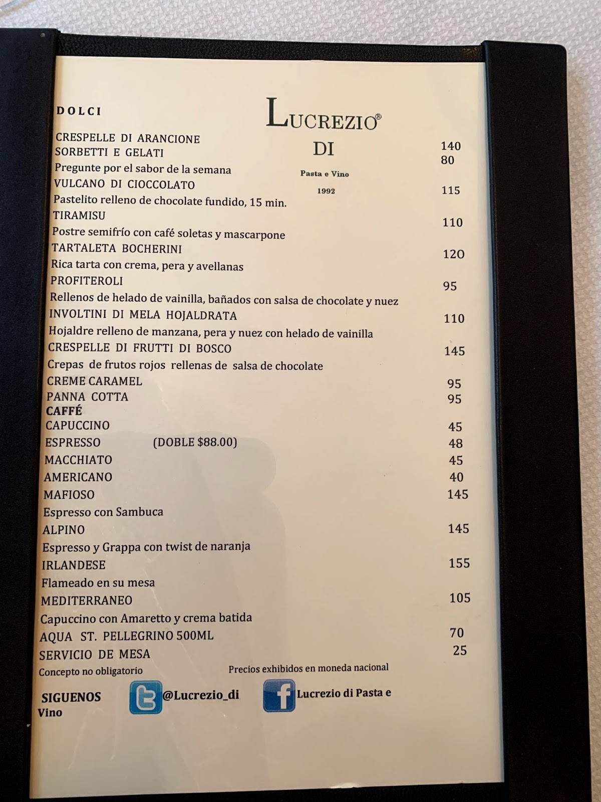 Carta del restaurante Lucrezio Di Pasta e Vino, Ciudad del México, Av ...