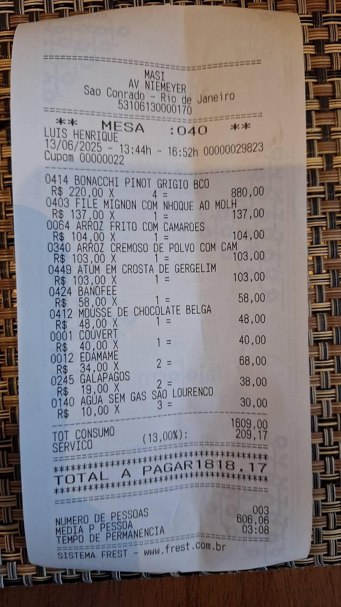 MASI cardápio