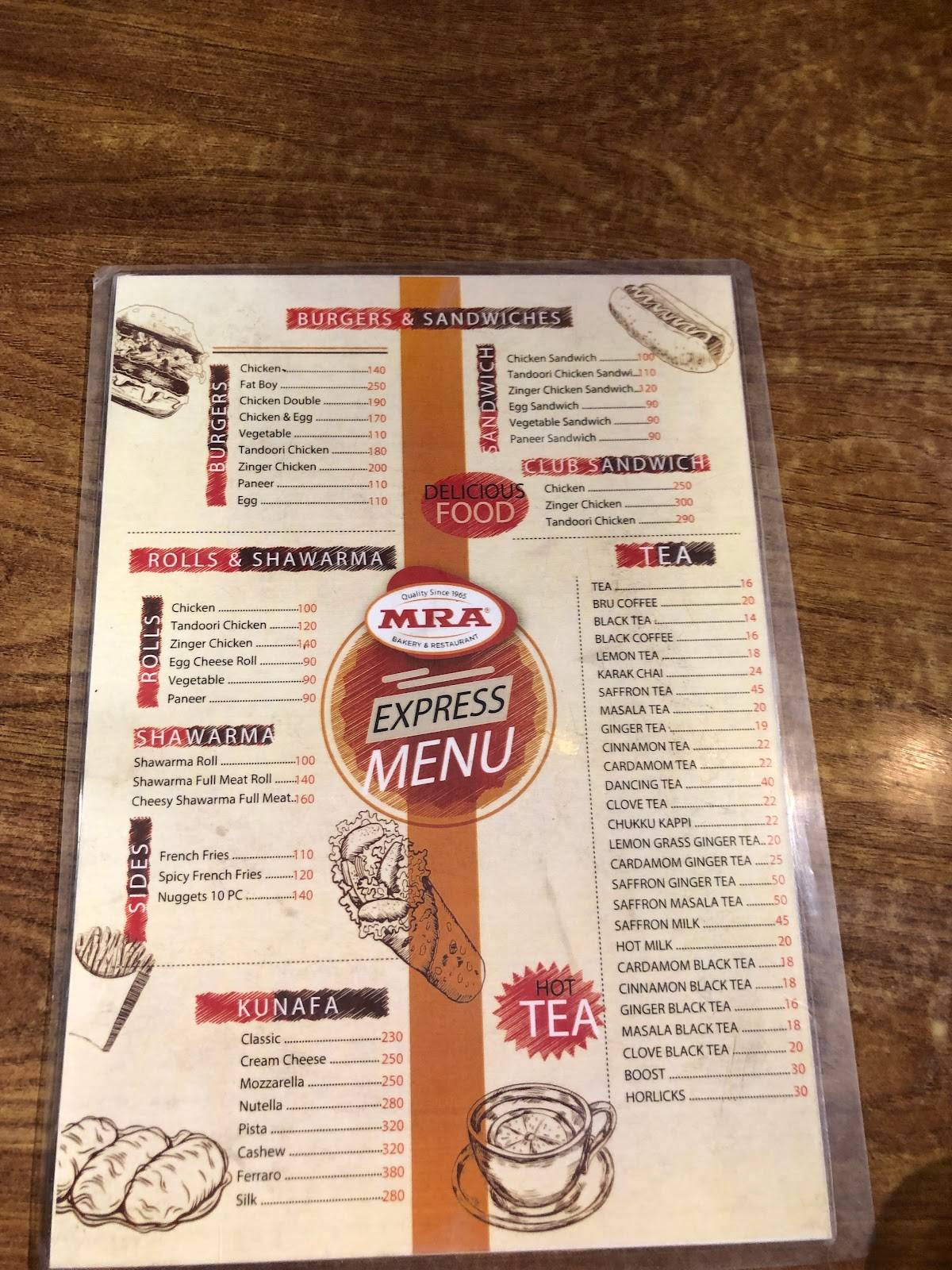 MRA Bakery & Grill menu