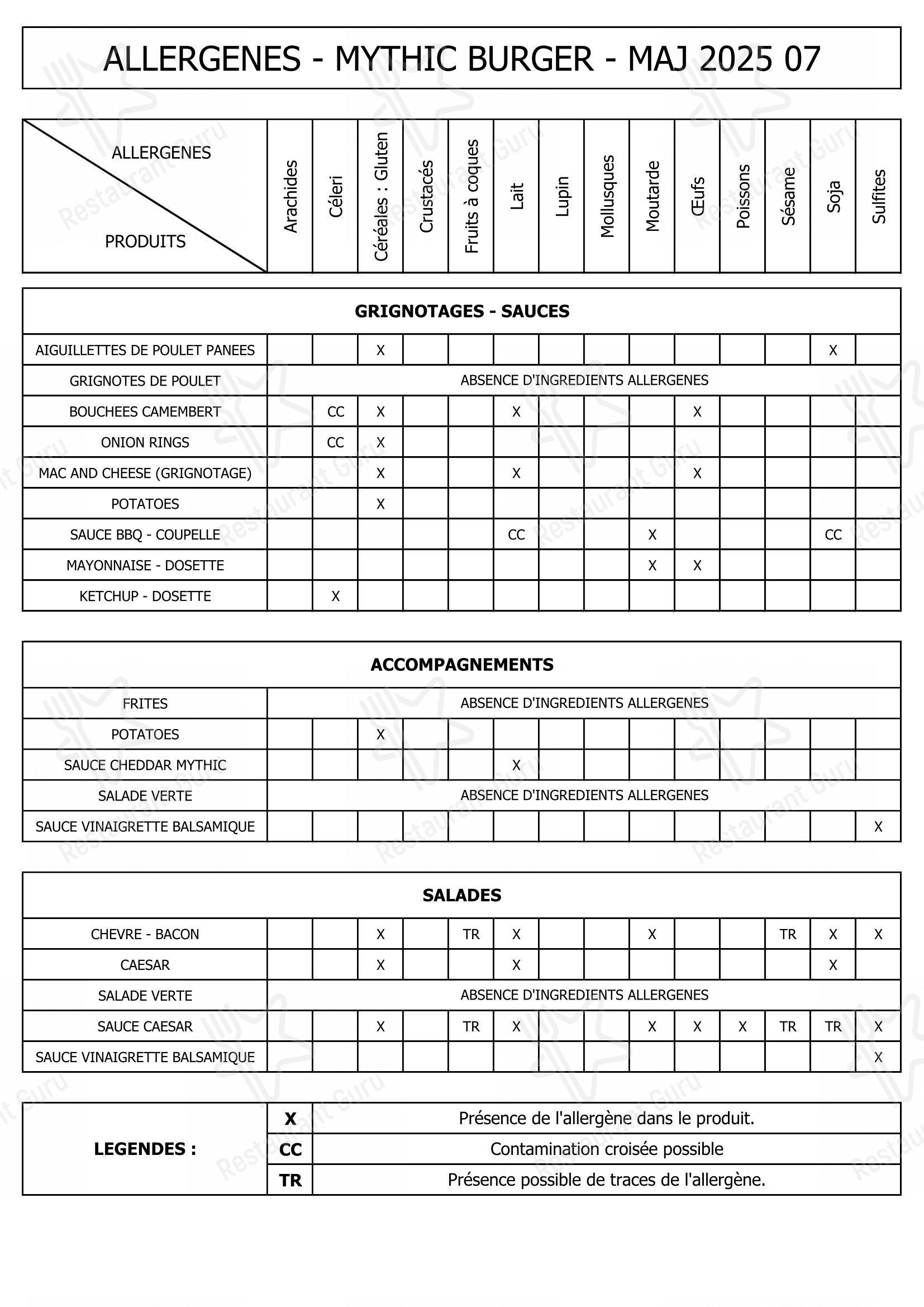 Menu pour MYTHIC BURGER Colomiers - Основное меню