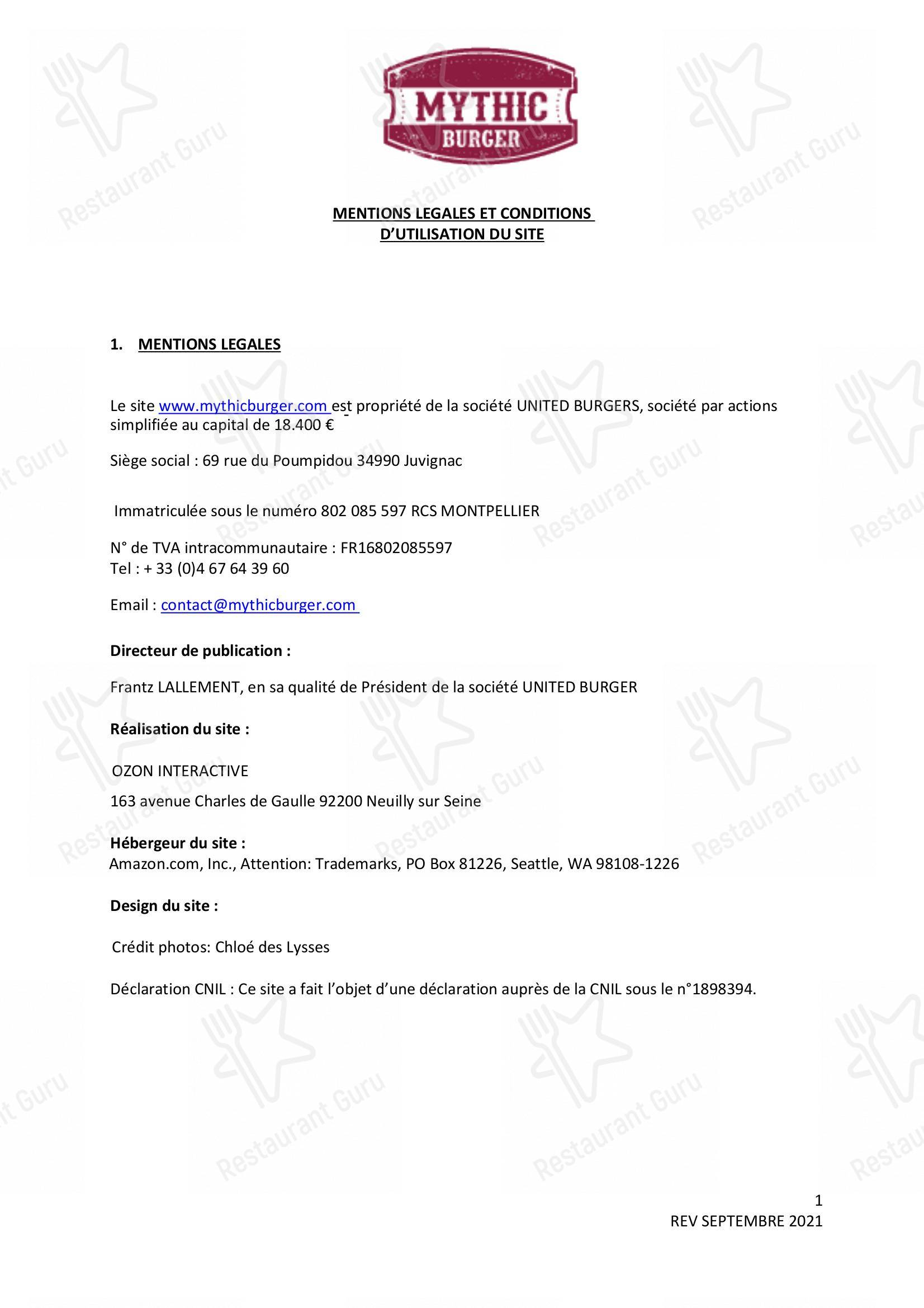 Menu pour MYTHIC BURGER Colomiers restaurant