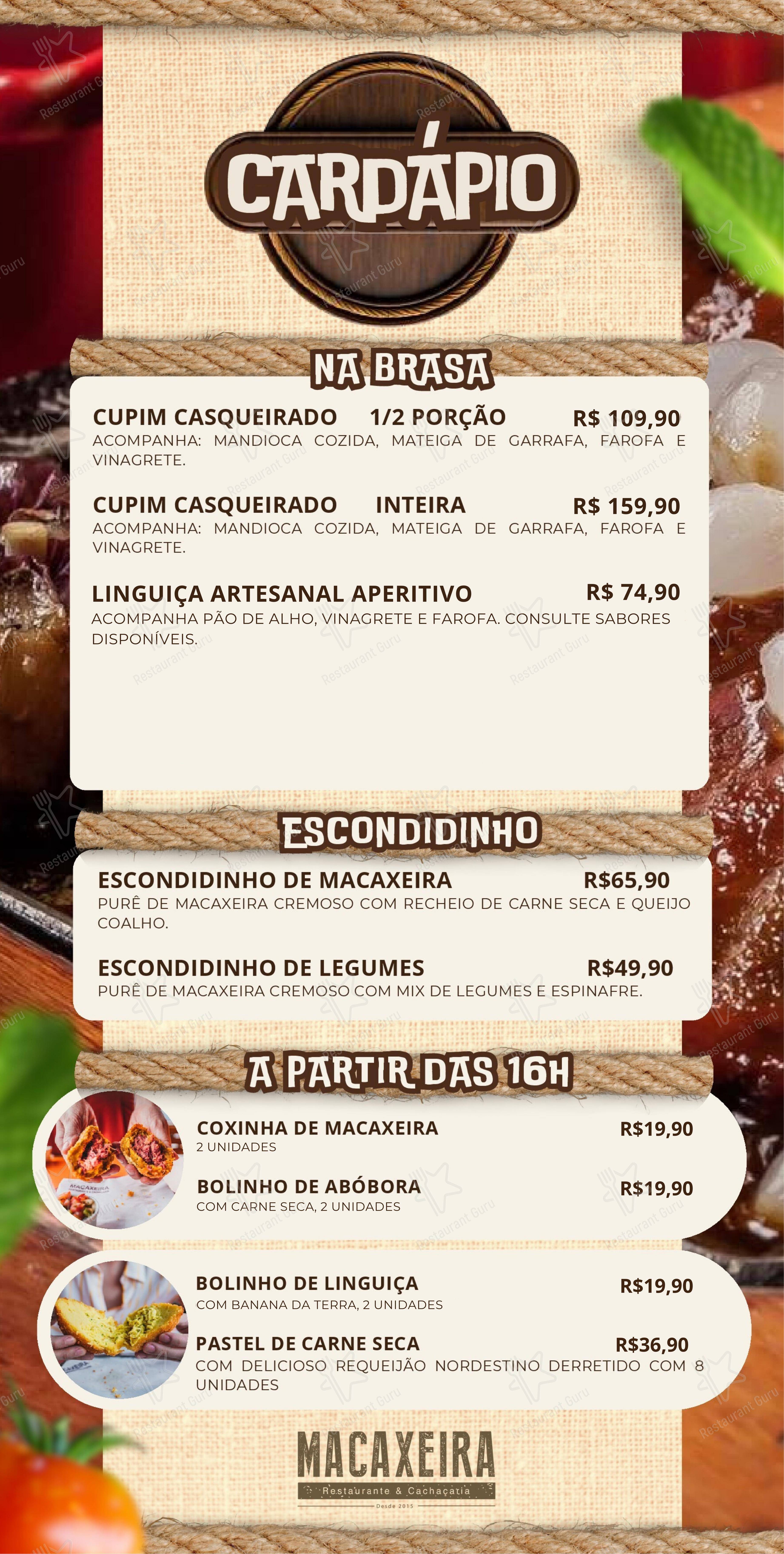 Menu bar para Macaxeira Restaurante & Cachaçaria restaurante