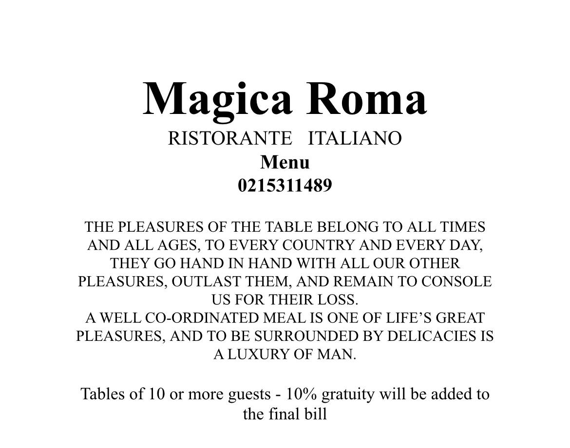 Menu at Magica Roma restaurant, Cape Town