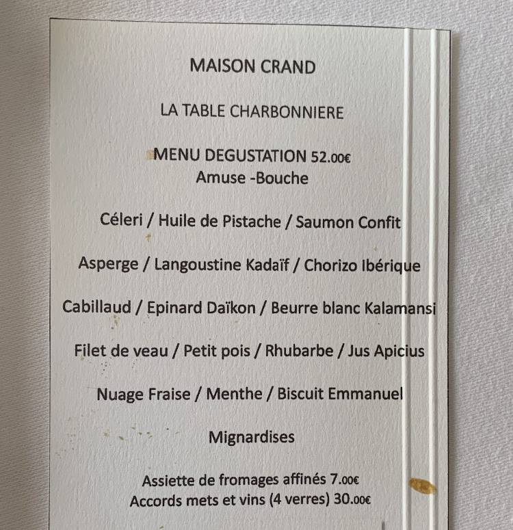 Menu de Maison Crand - Bistrot de la Forge - La Charbonnière