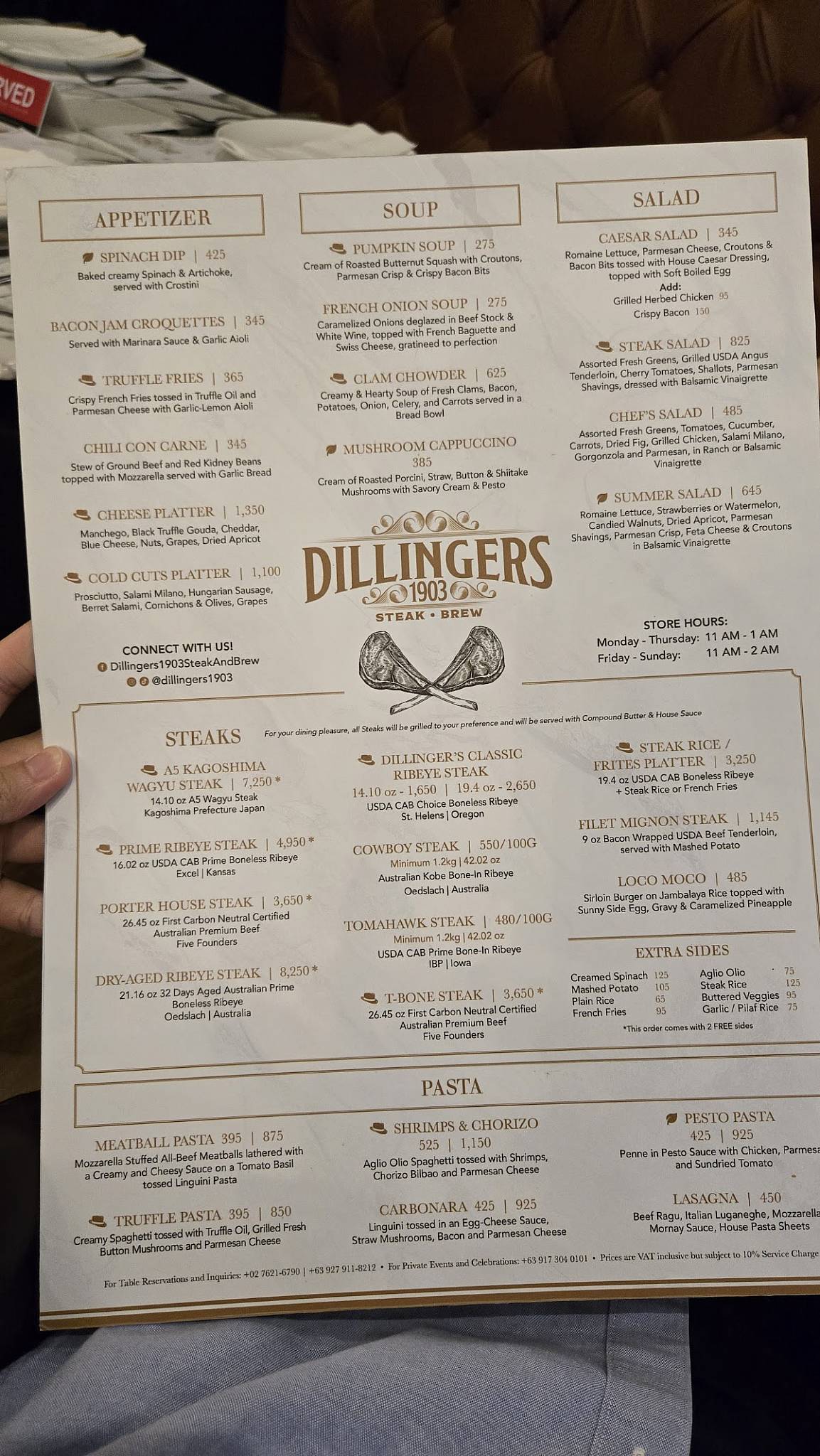 Menu at Dillingers 1903 Steak and Brew pub & bar, Makati