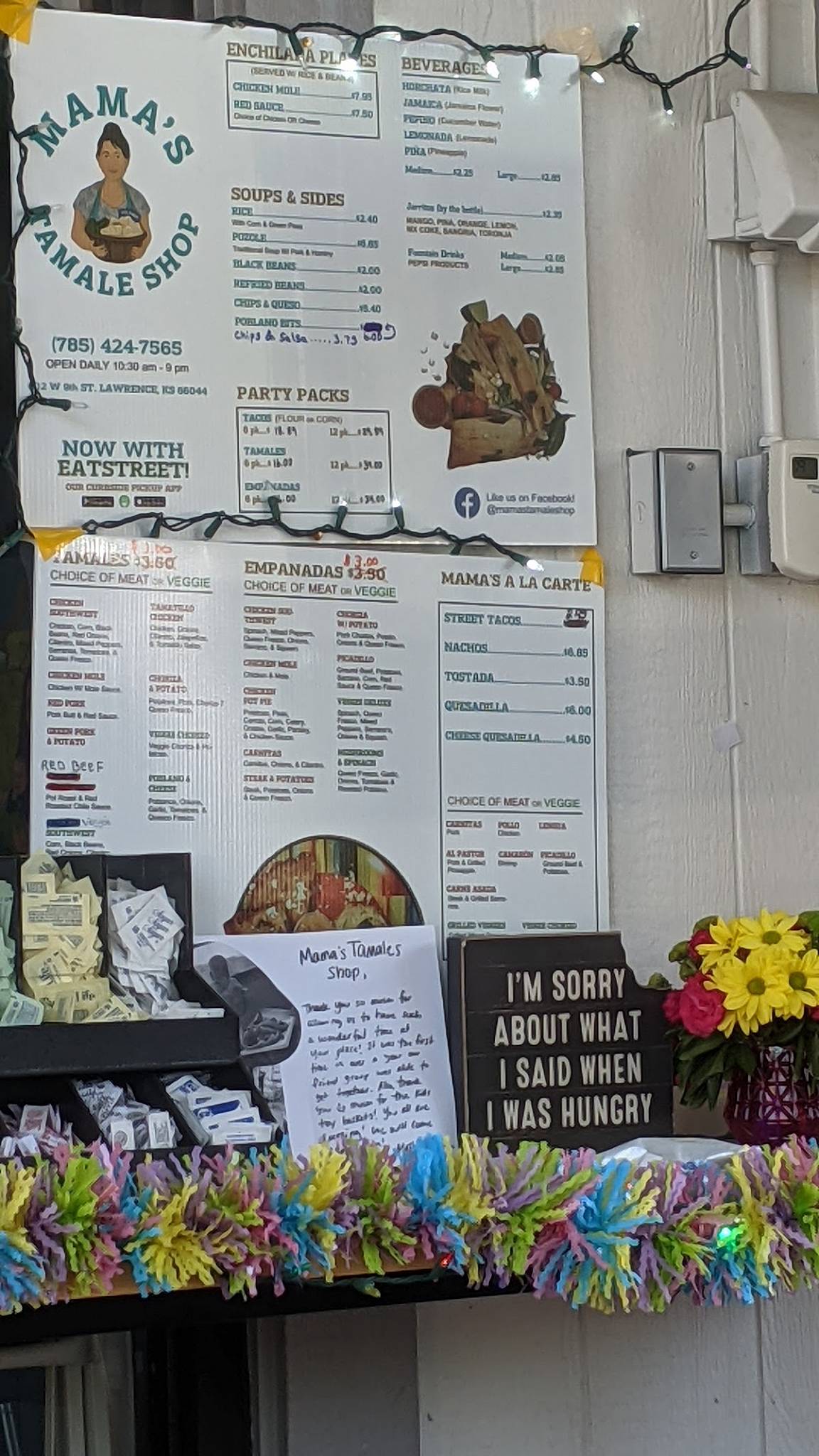 Menu at Mamas Tamale's restaurant, Lawrence