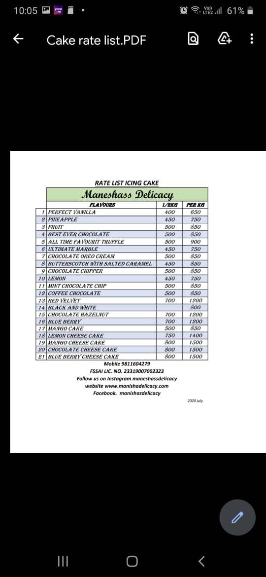 Manisha's Delicacy menu