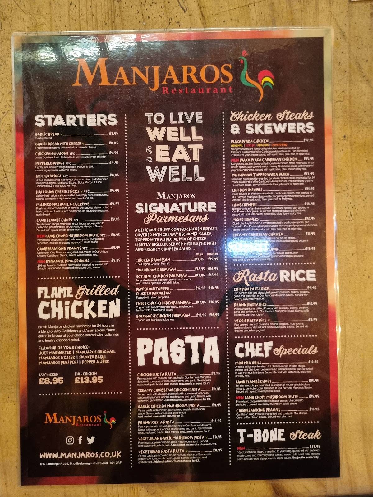 Menu at Manjaros Restaurant Middlesbrough, Middlesbrough, 186 Linthorpe Rd