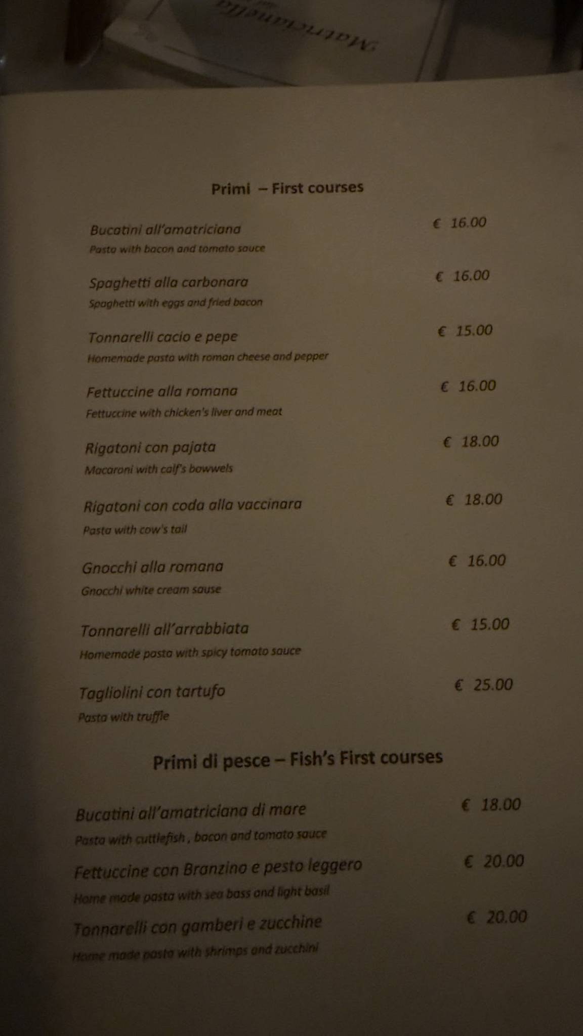 Menu di Matricianella 