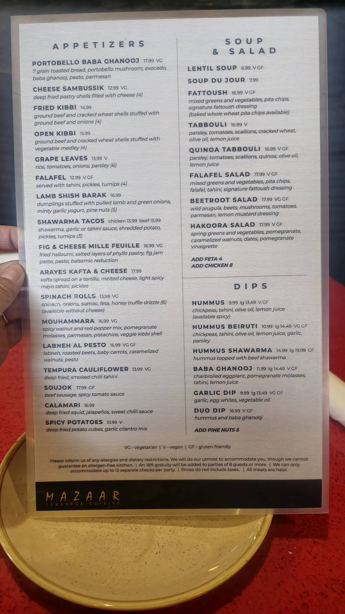 Menu de Mazaar Lebanese Cuisine