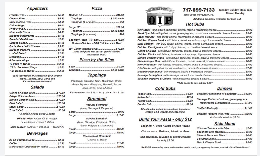 Menu at McVeytown Original Italian Pizza pizzeria, McVeytown