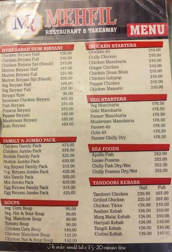 Mehfil Restaurant menu