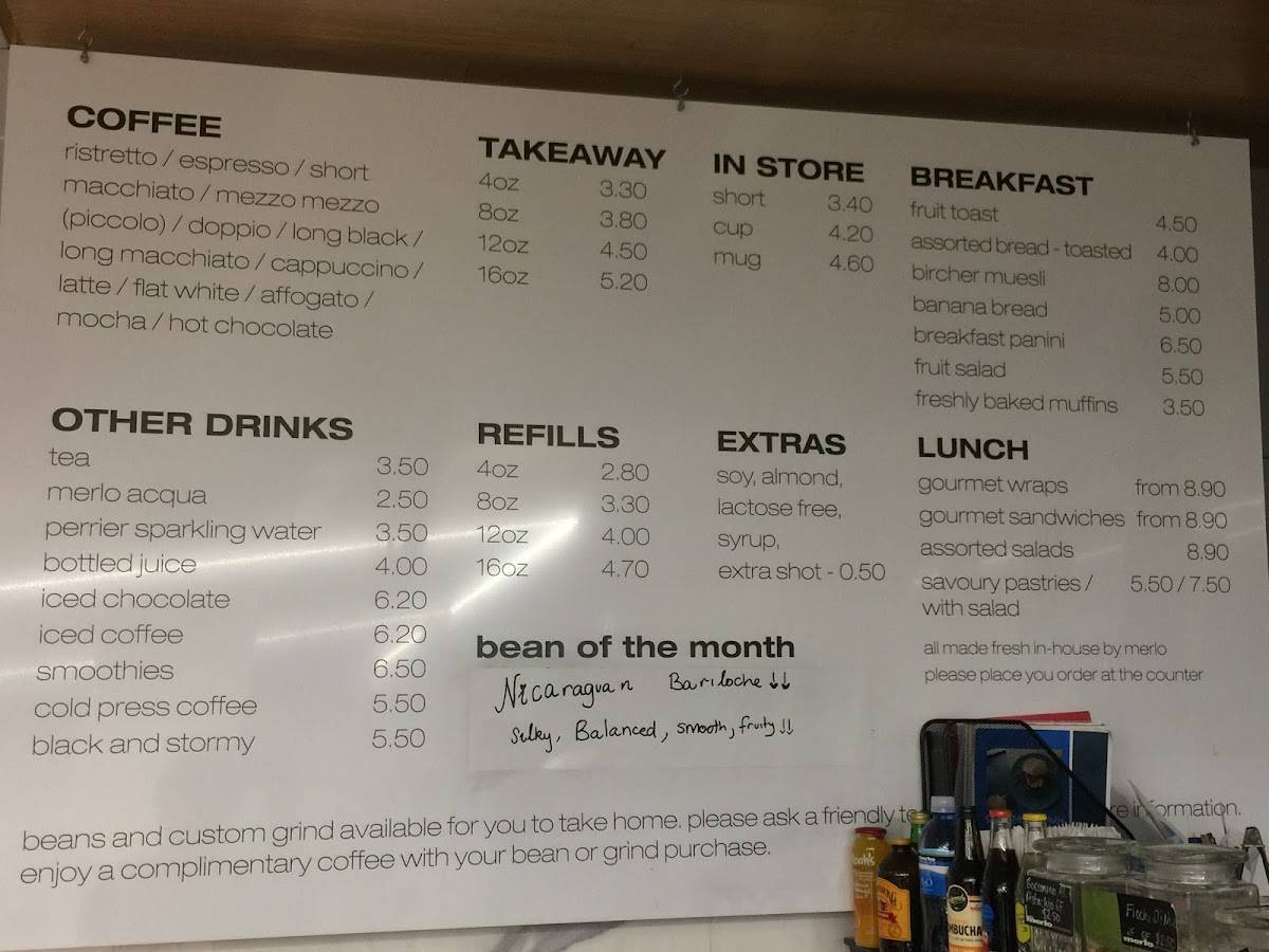 Carta de Merlo Coffee Cafe Brisbane City QUT Gardens Point, Brisbane