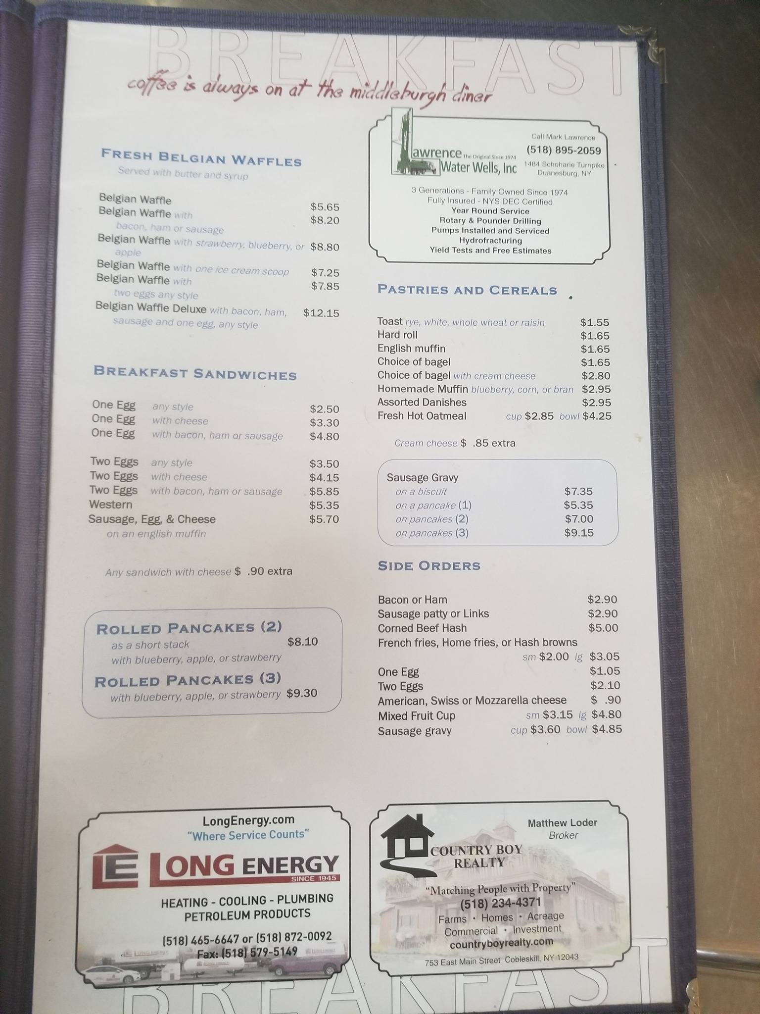 Menu at Middleburgh Diner restaurant, Middleburgh