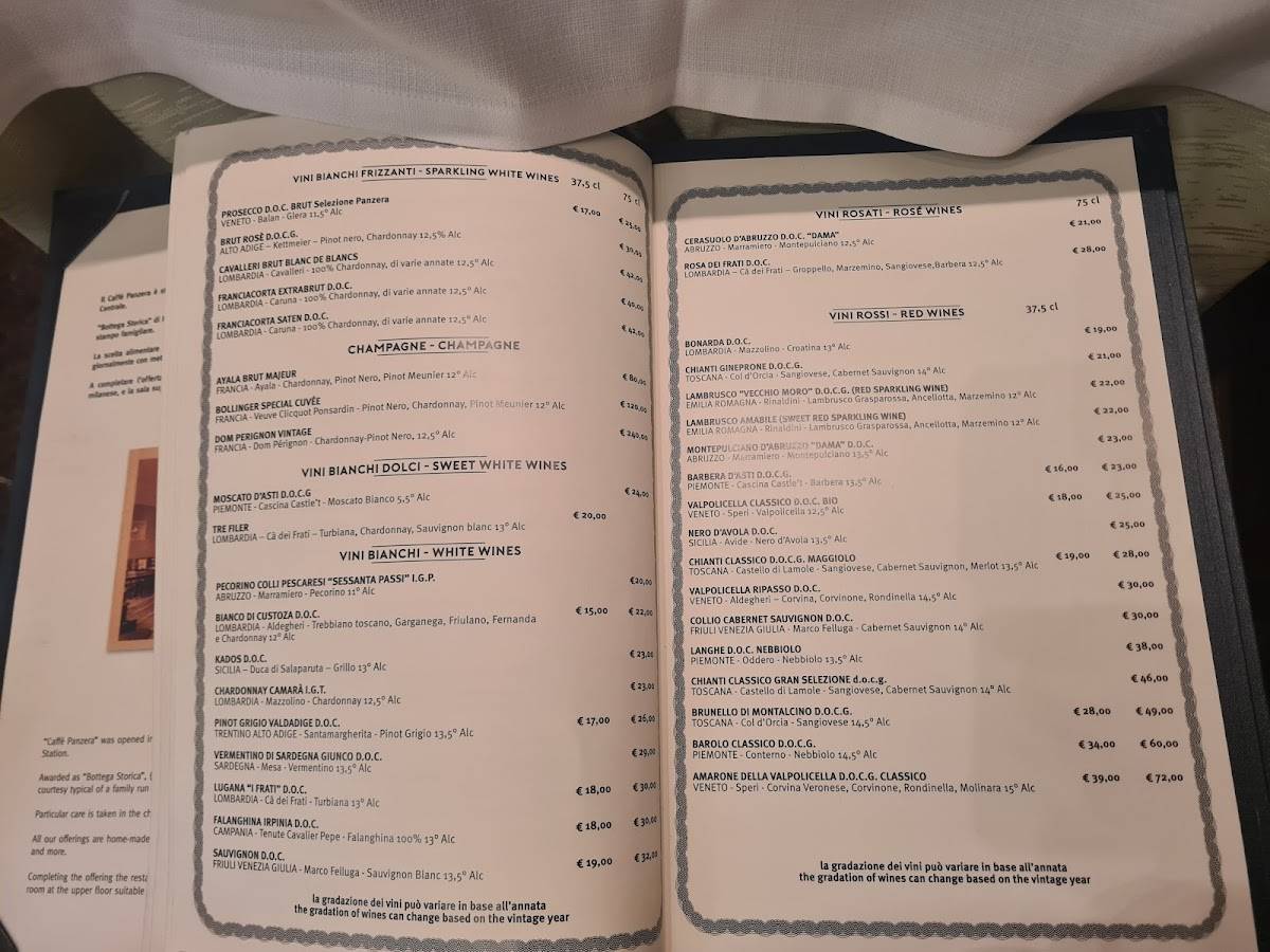 Menu di Caffè Panzera dal 1931 