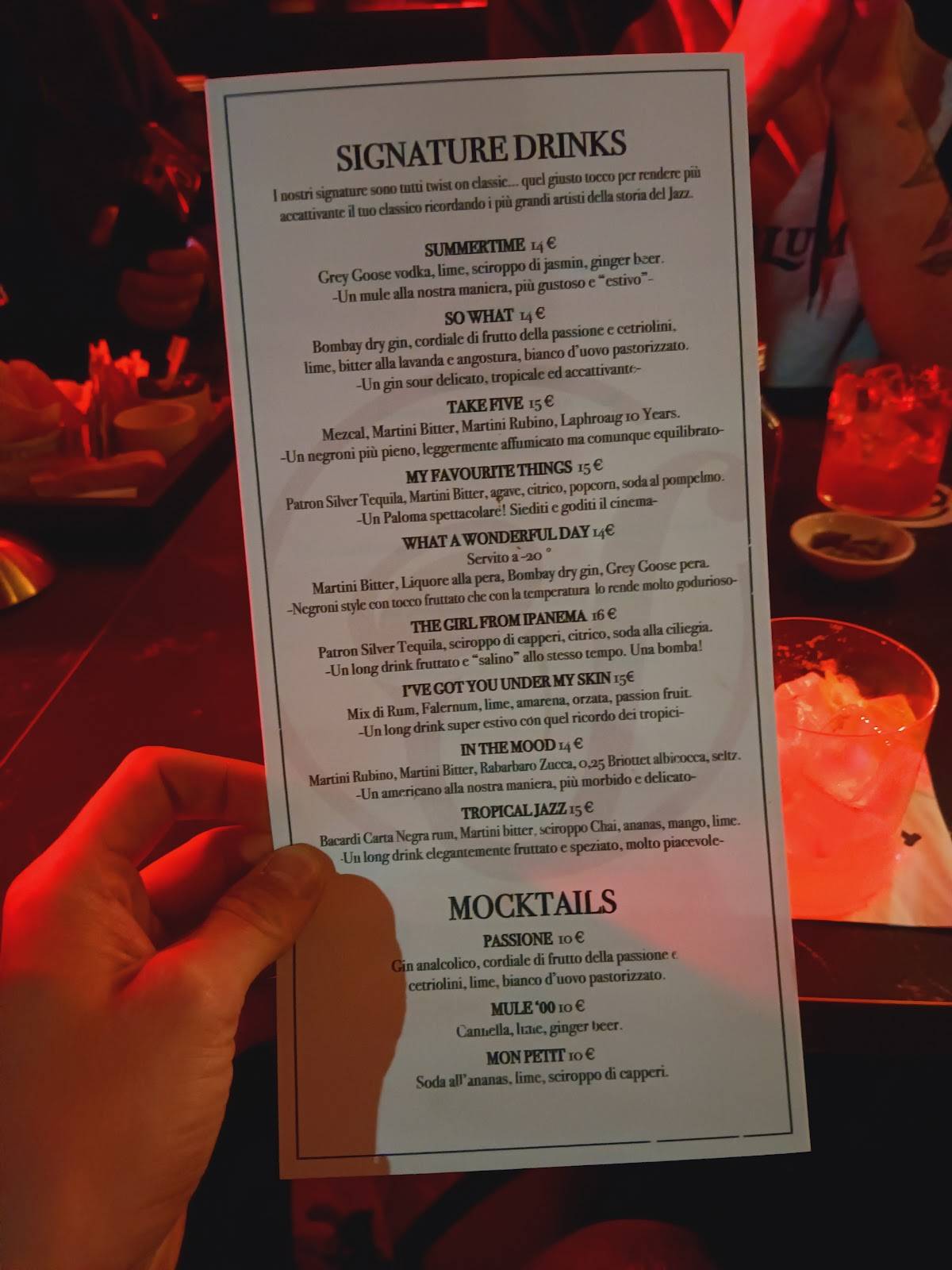Menu di Jazz Cafè Milano 