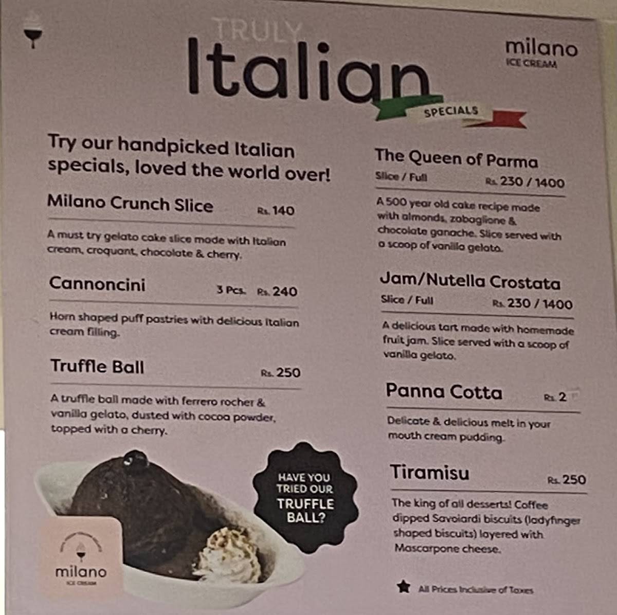 Milano Ice Cream menu