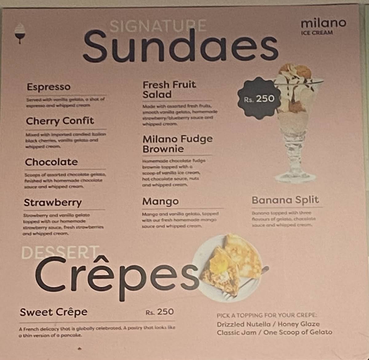 Milano Ice Cream menu