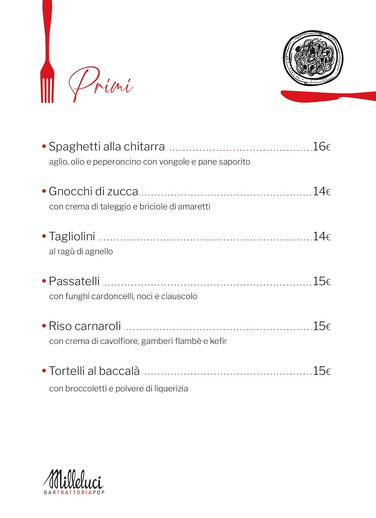 Menu di Milleluci Trattoria Pop 