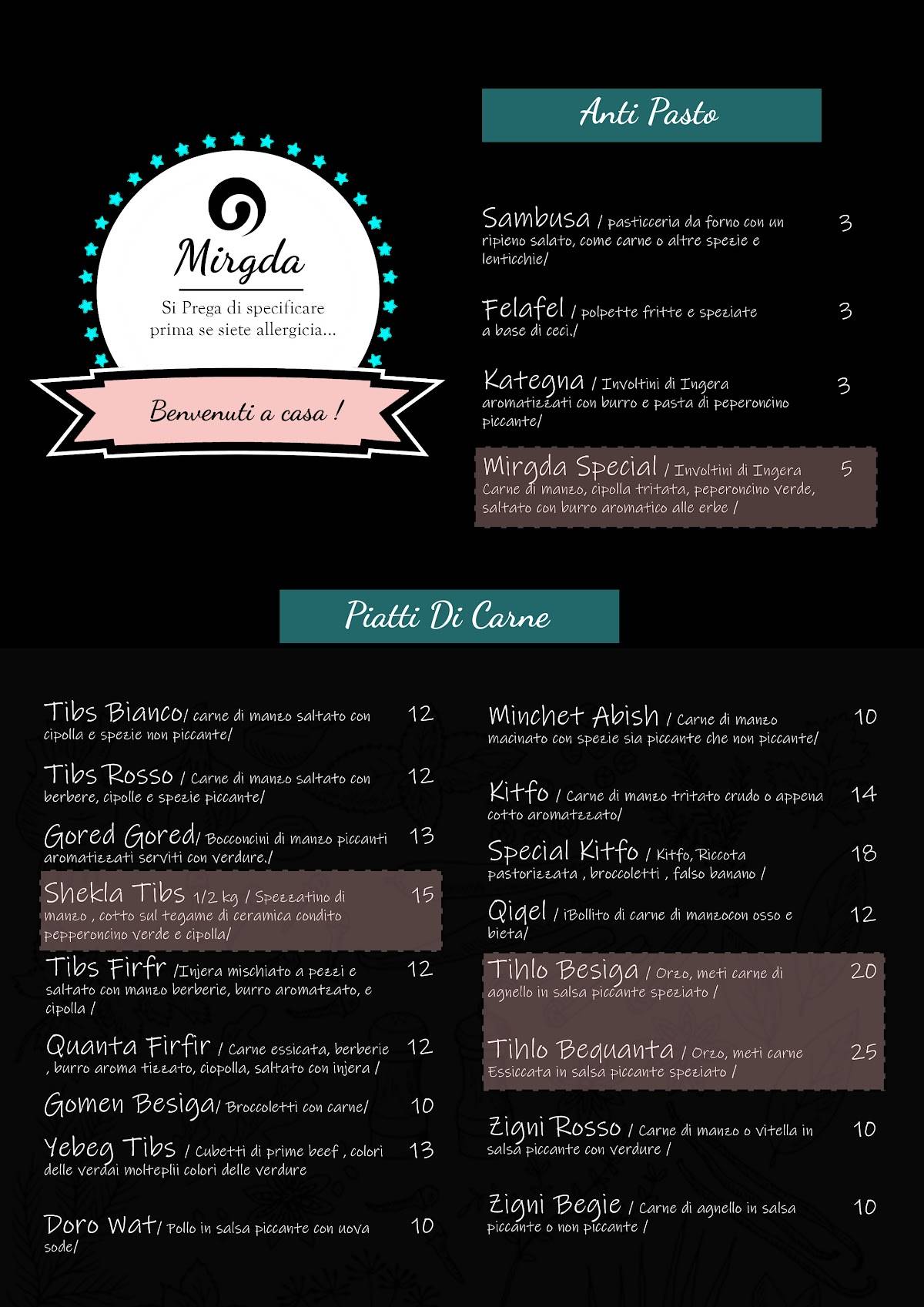Menu di Mrgda Ristorante cucina etiope & eritrea 