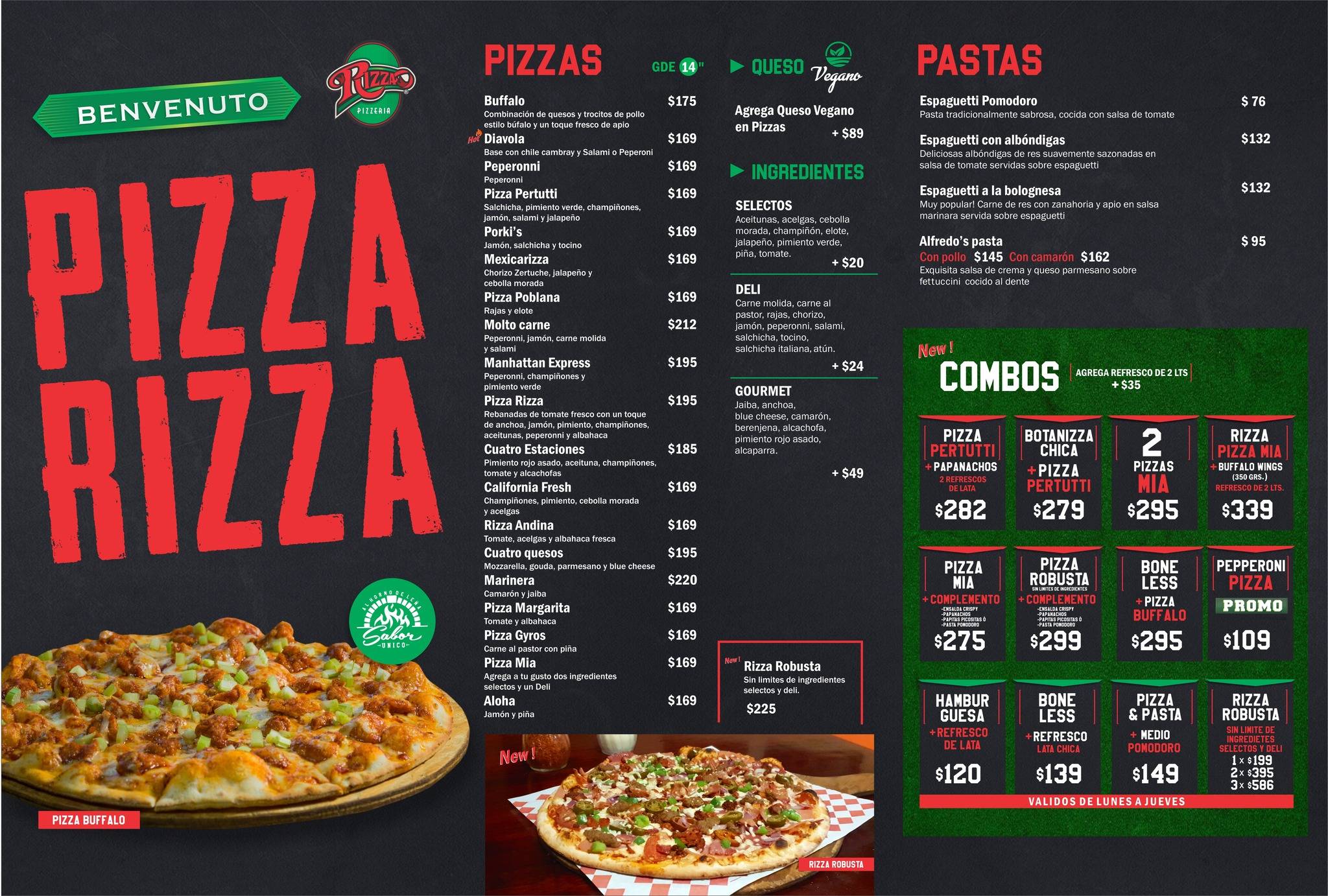 Carta de pizzería Pizza Rizza, Monclova, Boulevard Benito Juárez