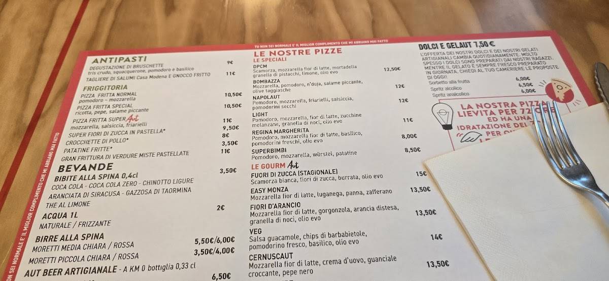 Menu di PizzAut Monza 