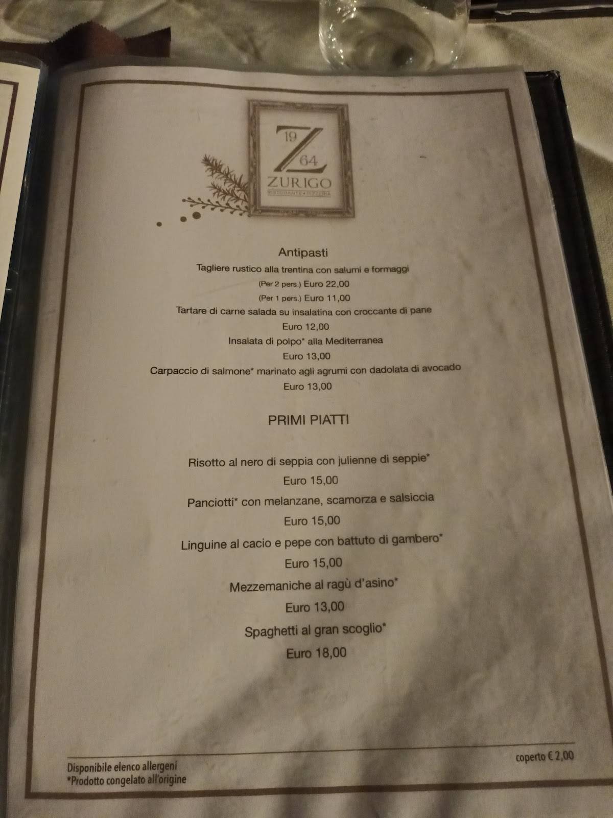 Menu di Ristorante Pizzeria Zurigo 