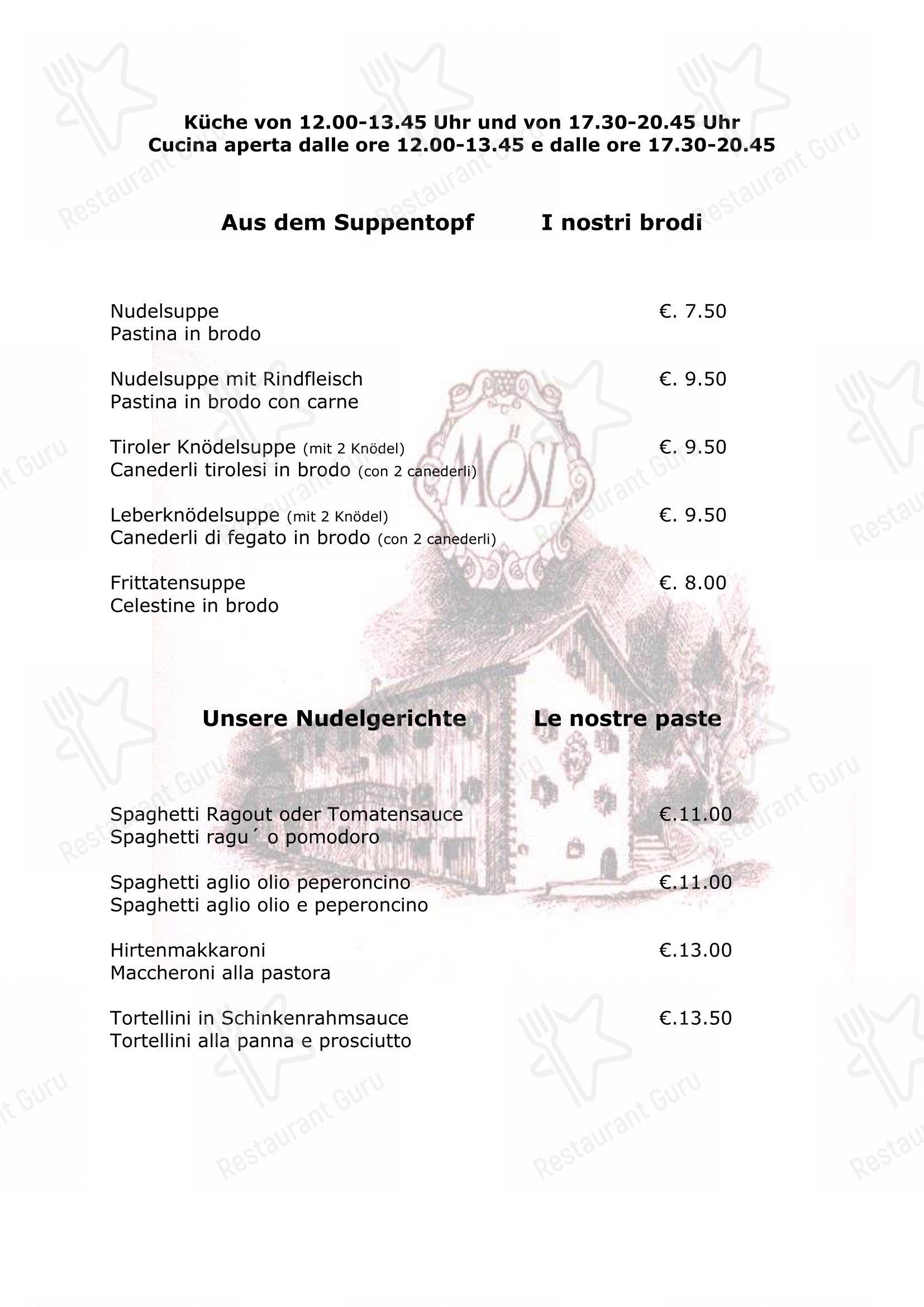 Menu per Mösl pizzeria